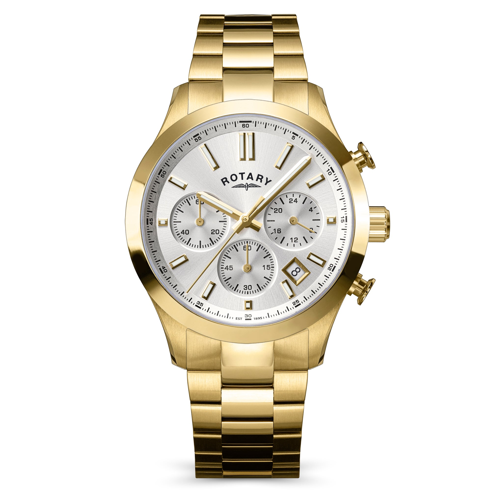 Gold Rotary Heritage Chronograph wristwatch with a white face on a white background