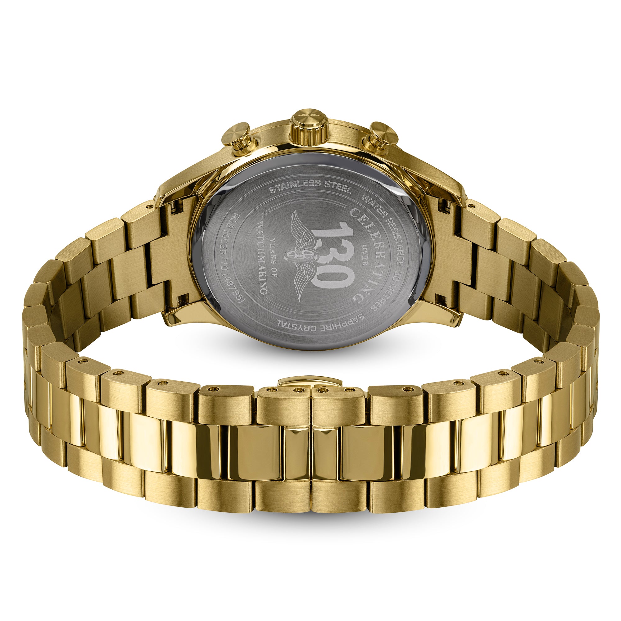 Gold Rotary Heritage Chronograph watch with a detailed back plate on a white background