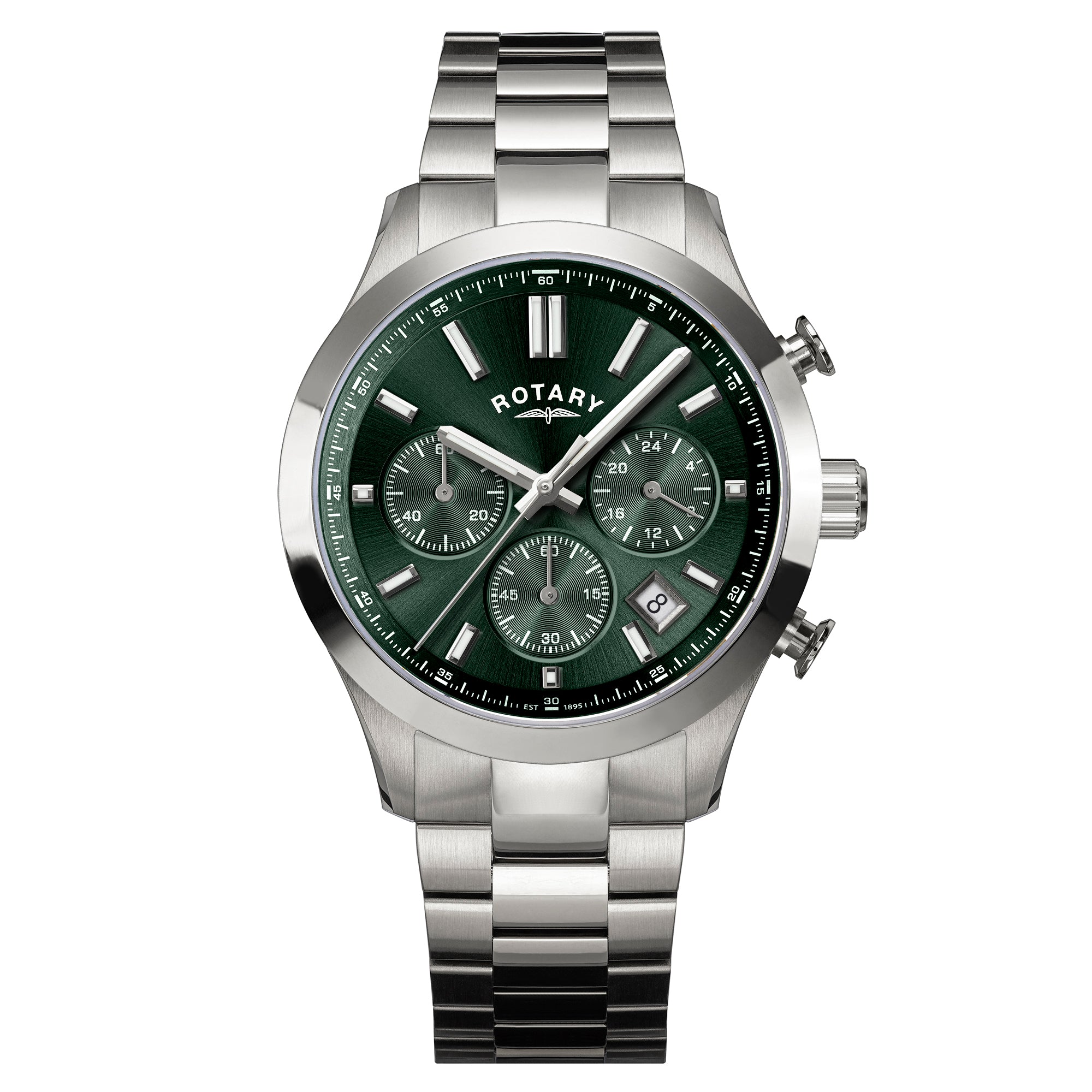 Silver Rotary Heritage Chronograph wristwatch with a green dial on a white background