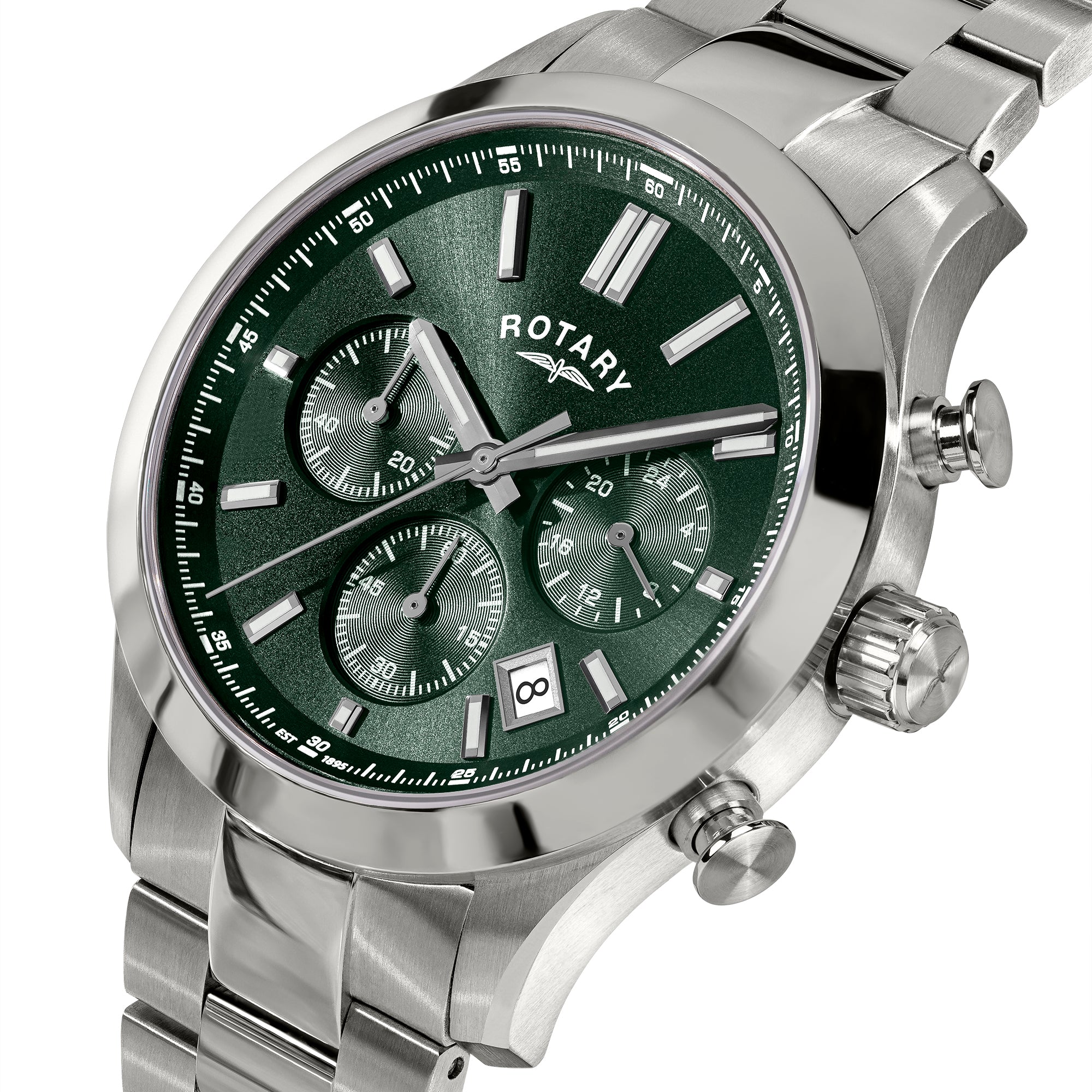 Rotary Heritage Chronograph watch with green face and silver band on a white background