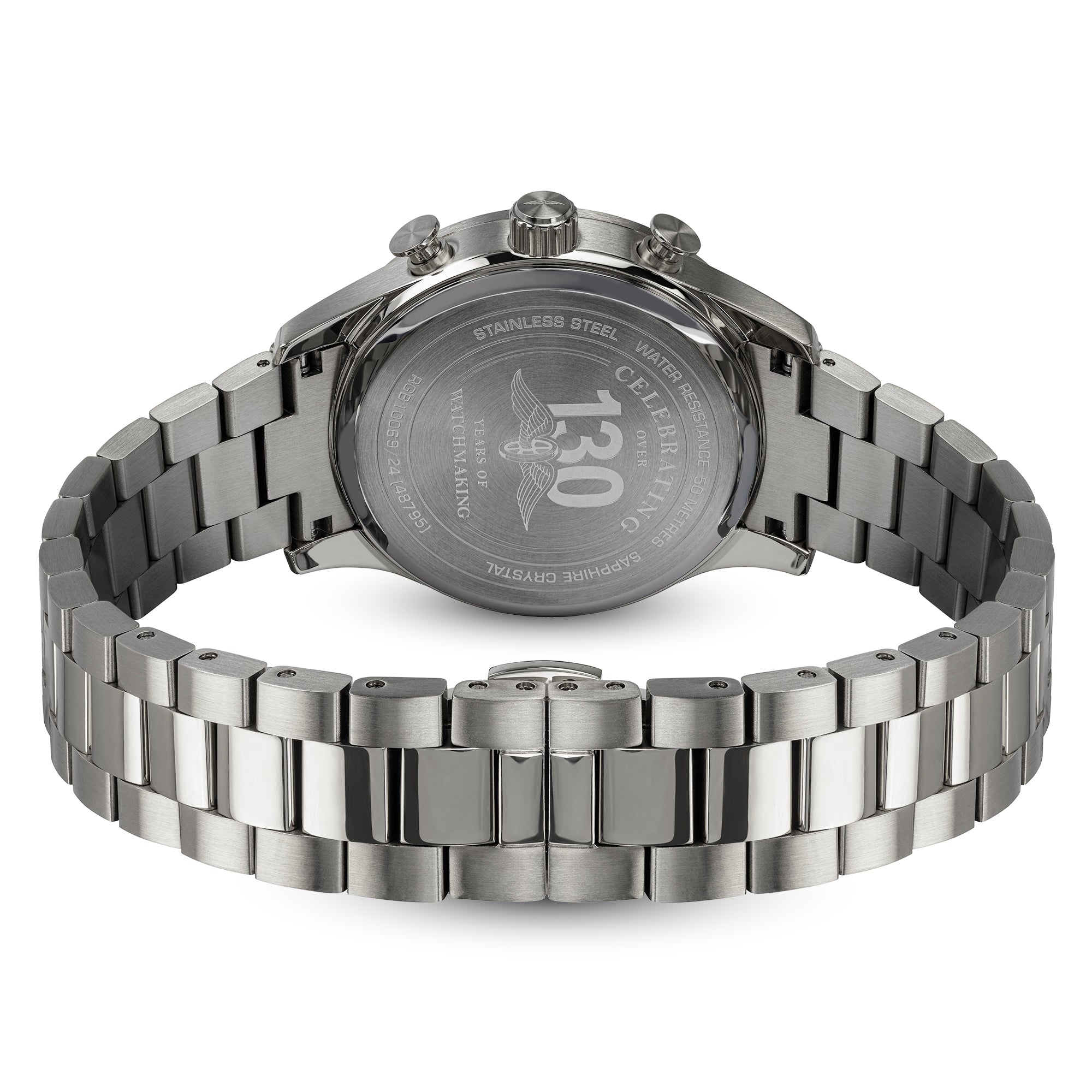 Silver Rotary Heritage Chronograph watch with metal bracelet on a white background