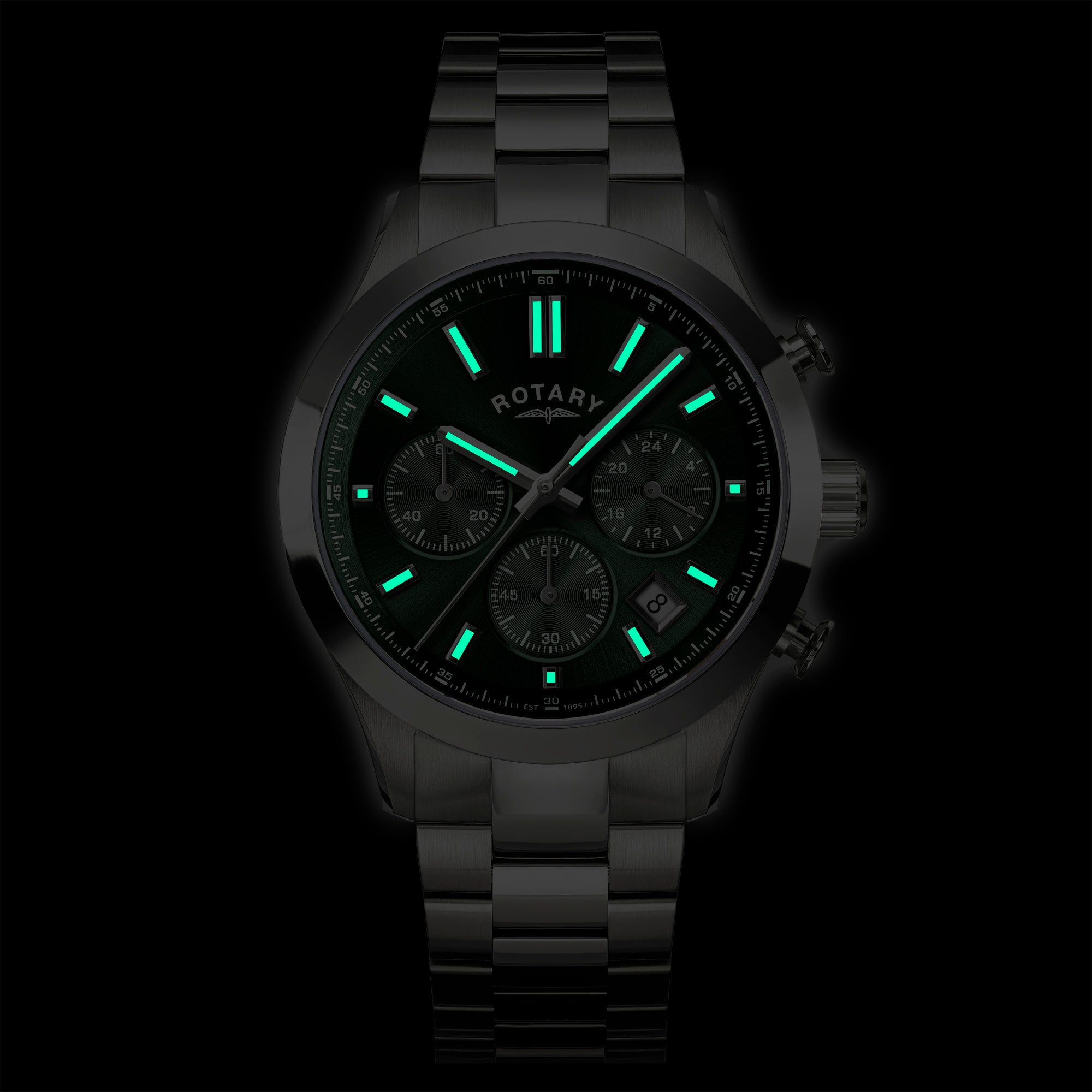 Black Rotary Heritage Chronograph watch with green glowing faces on a black background