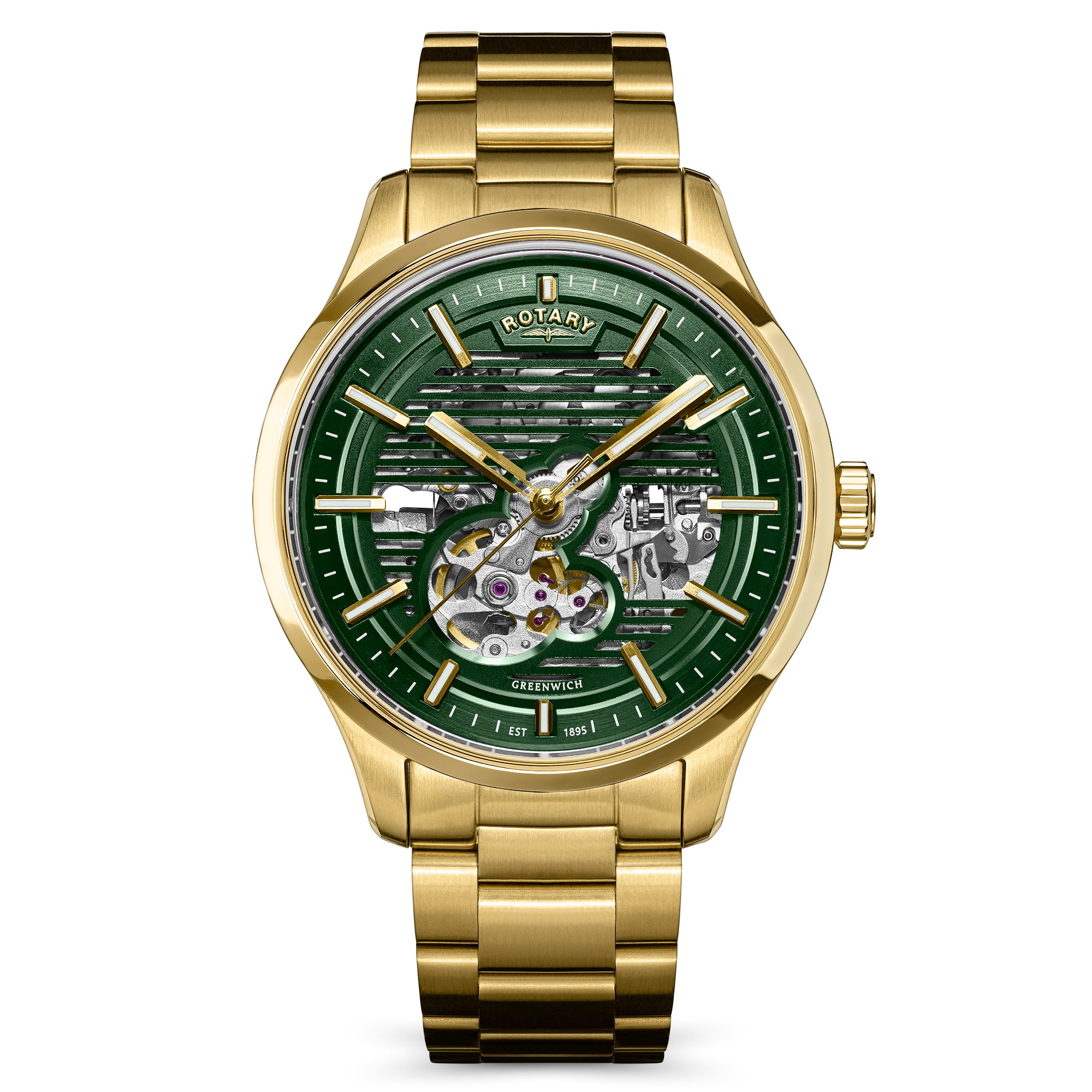 Rotary Greenwich GT1 gold wristwatch with a green face on a white background