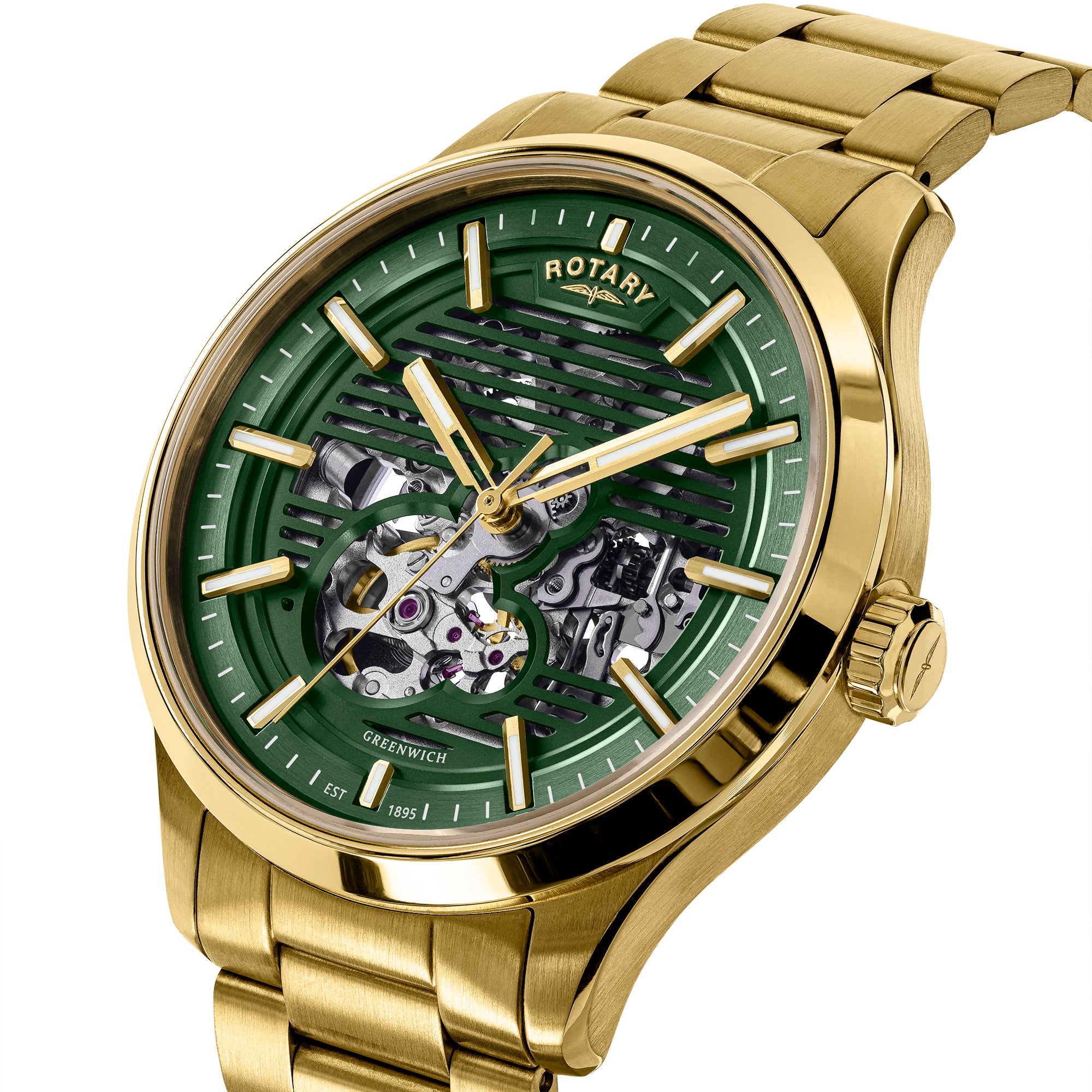 Gold Rotary Greenwich GT1 wristwatch with a green face and visible brand name on a white background