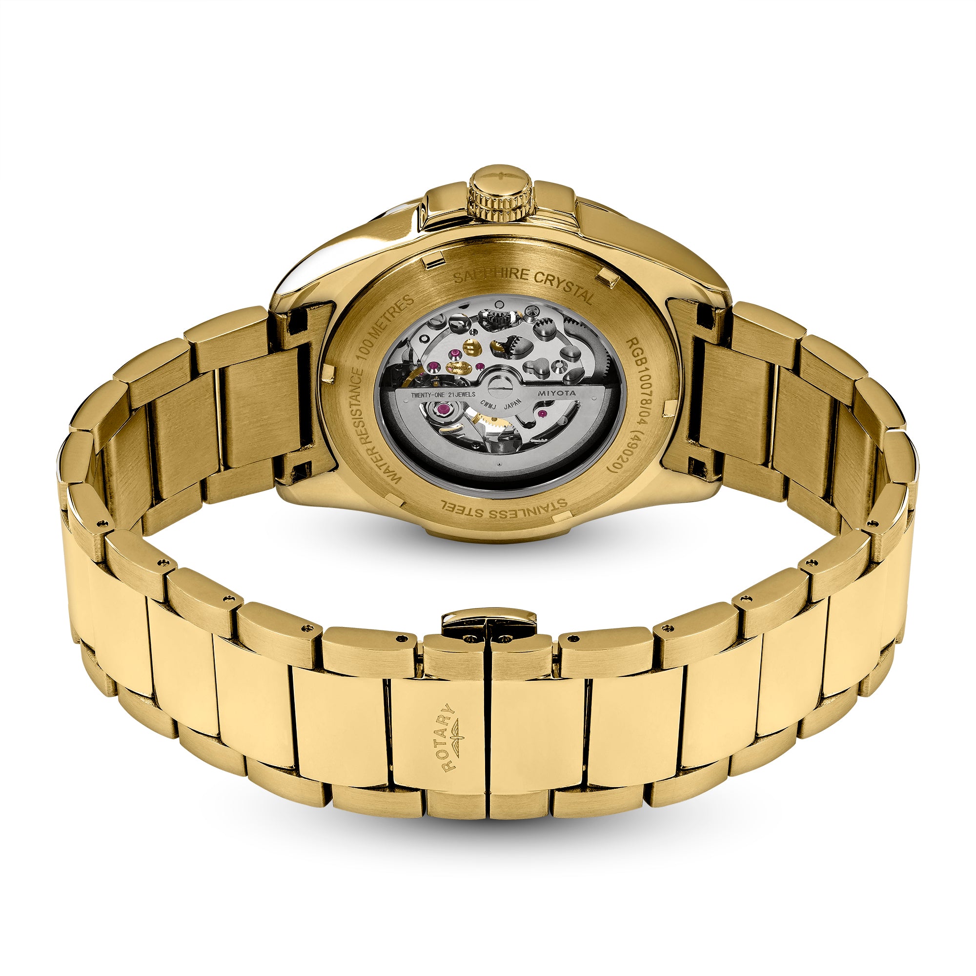 Gold Rotary Apex100 automatic watch with mechanical components on a white background