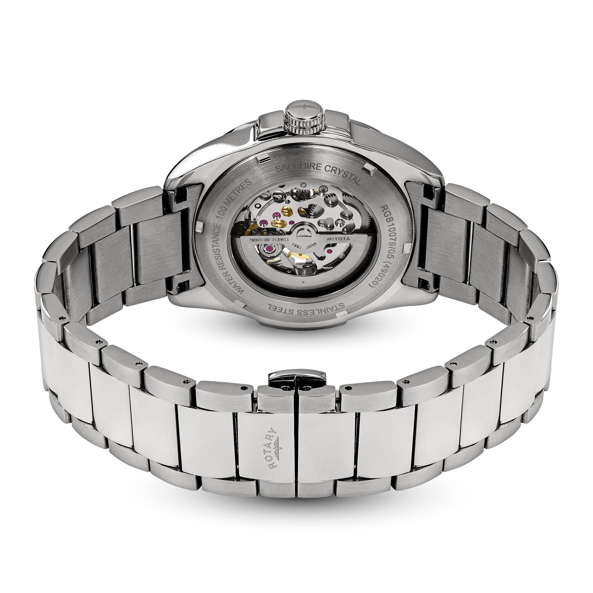 Silver Rotary Apex100 watch with a detailed mechanical movement on a white background