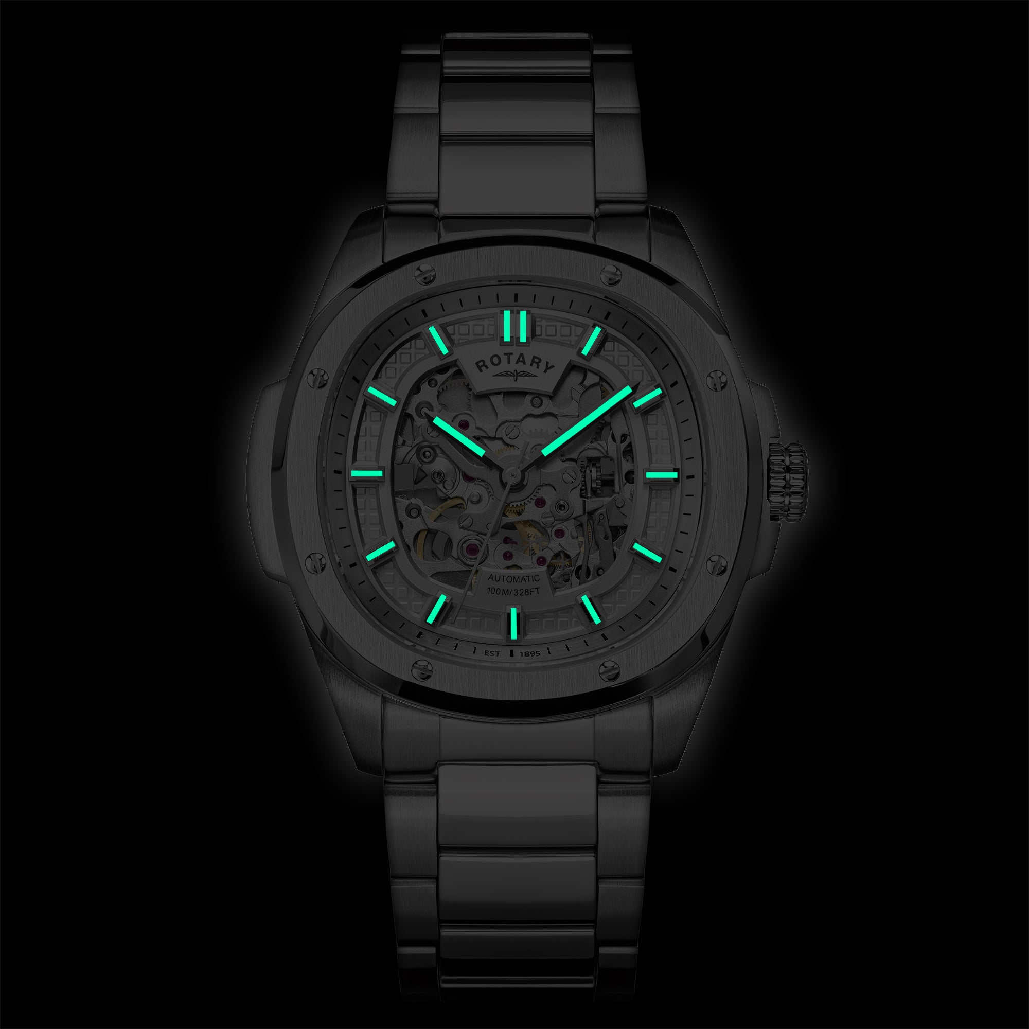 Rotary wristwatch with glowing green accents on a black background