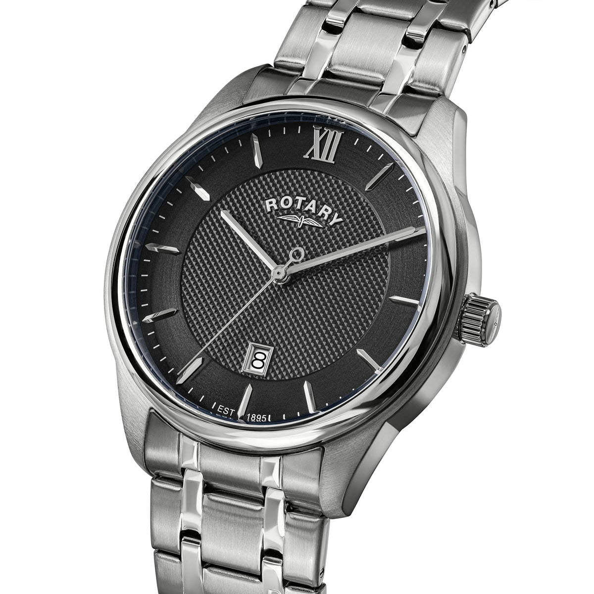 A silver stainless steel Rotary wrist watch with a textured black dial, featuring Roman numeral hour markers, a date window, and a matching steel link bracelet on a white background.