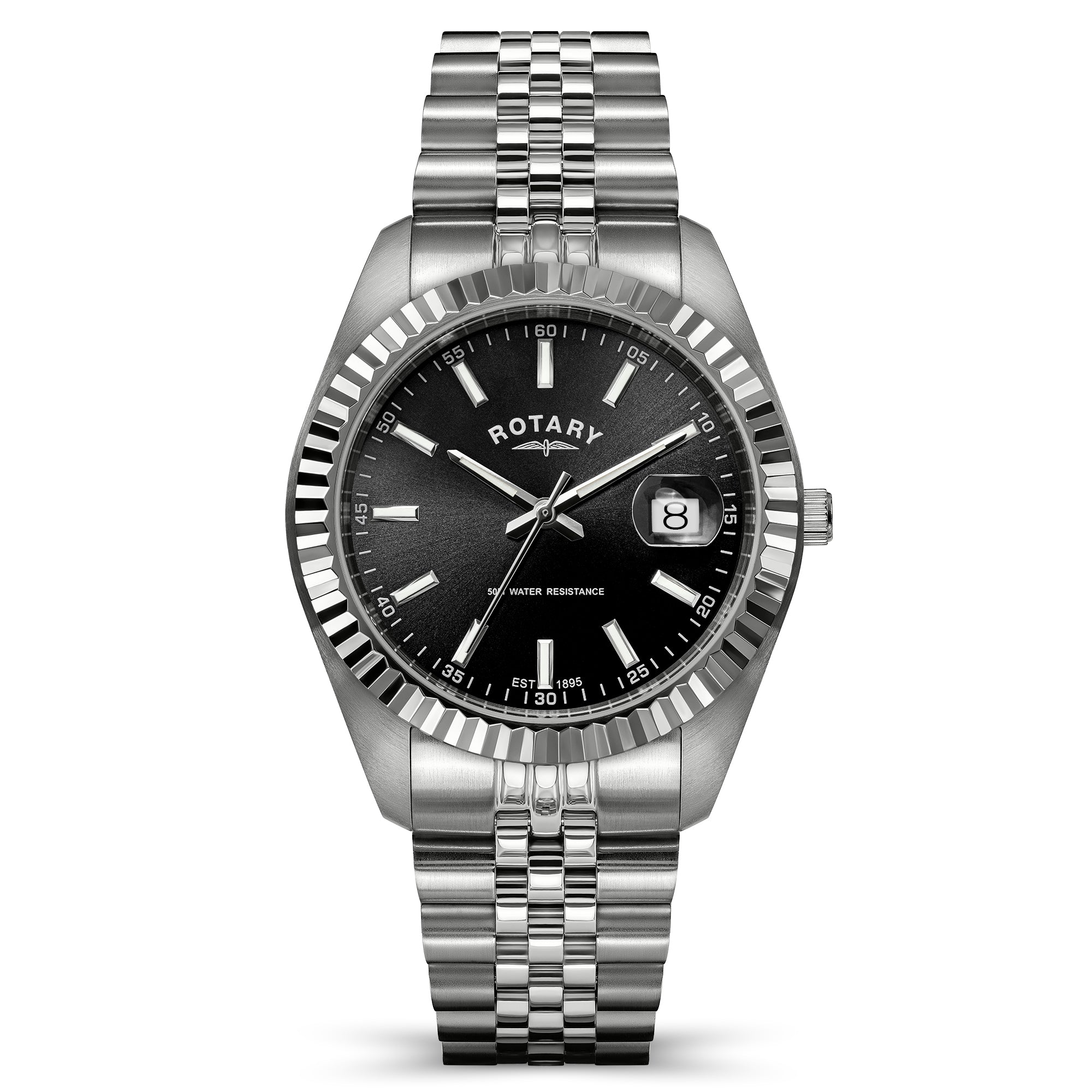 A silver-tone stainless steel Rotary watch with a black dial, fluted bezel, and integrated link bracelet, featuring a date window at 3 o'clock. The brand name 'ROTARY' is clearly visible on the dial.