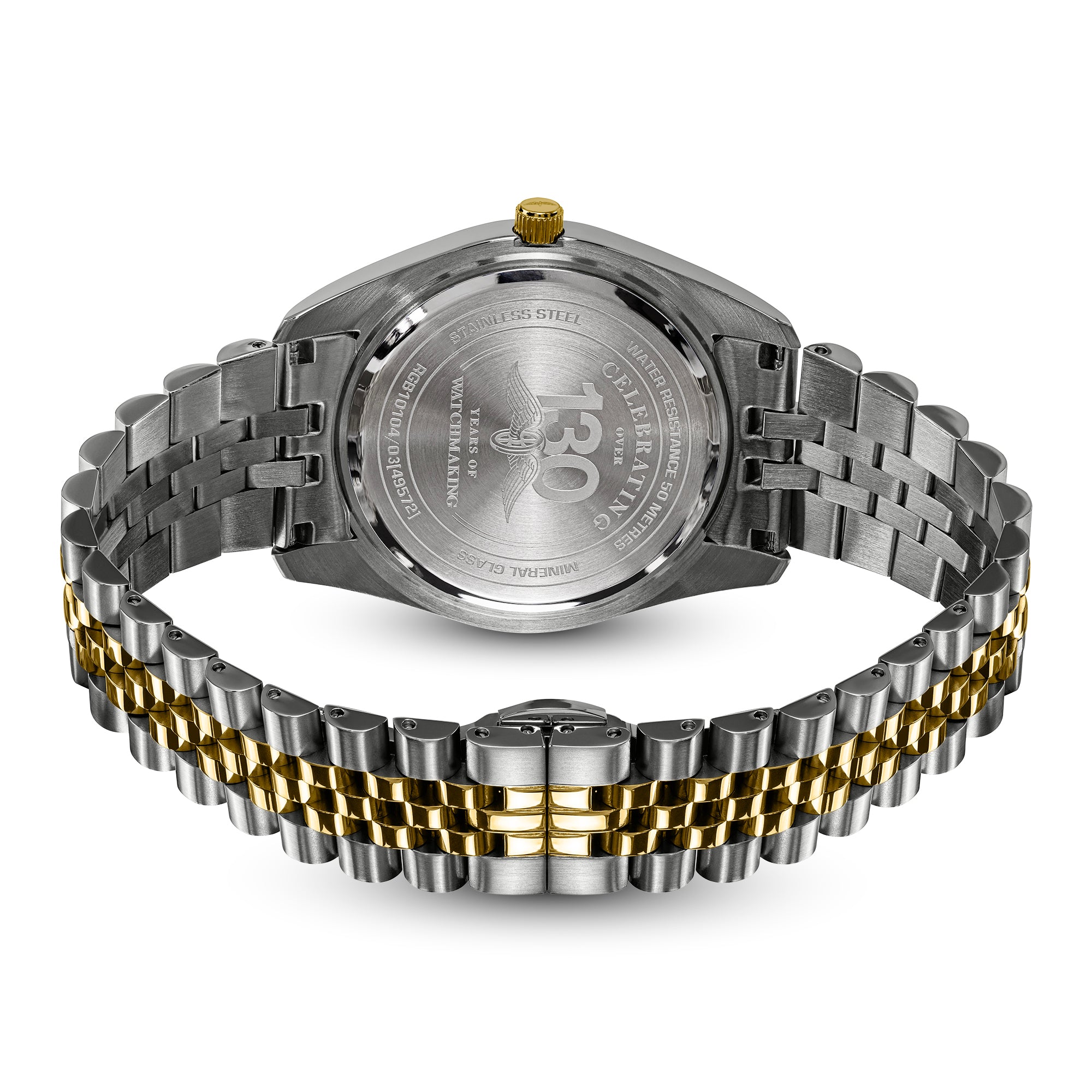 The back view of a Rotary stainless steel watch with a two-tone link bracelet, featuring silver and gold metal links, on a white background.