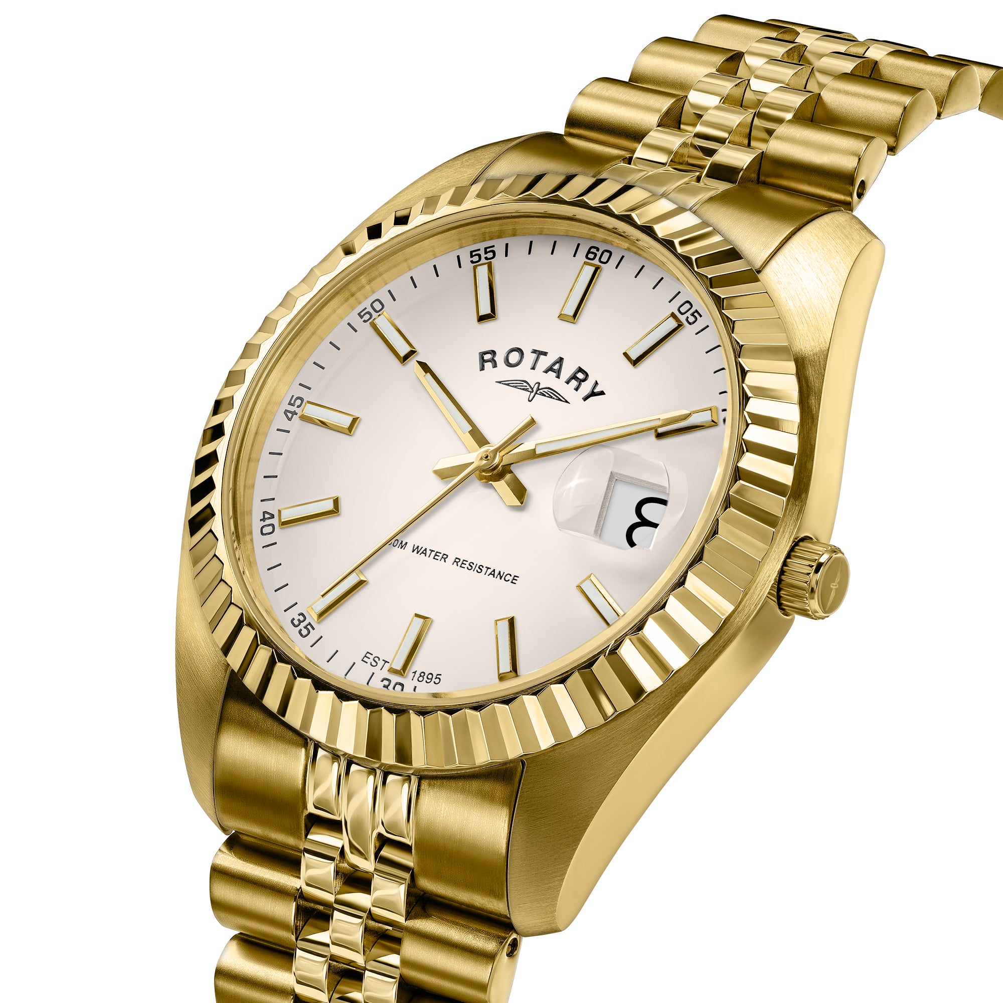 A gold-tone Rotary wrist watch with a cream-colored dial, gold-tone fluted bezel and link bracelet, and a date window, shown on a solid white background.