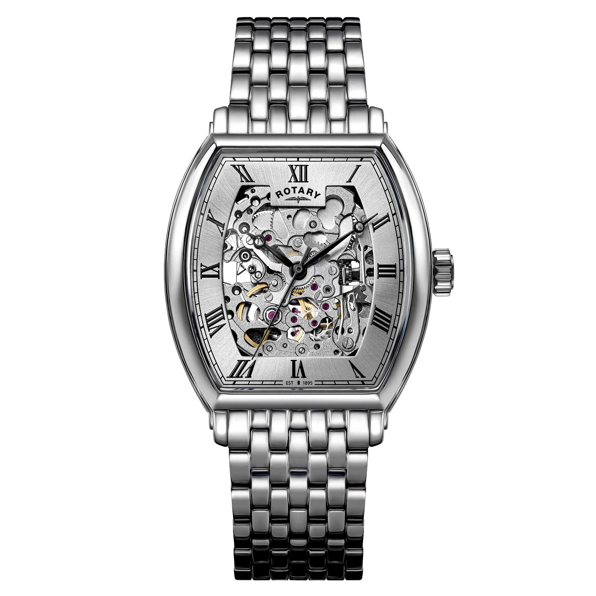 A silver-tone Rotary Greenwich Tonneau skeleton watch with a matching metal link bracelet, featuring Roman numeral hour markers and a visible mechanical movement through the open dial. The brand name 'ROTARY' is printed on the watch face.