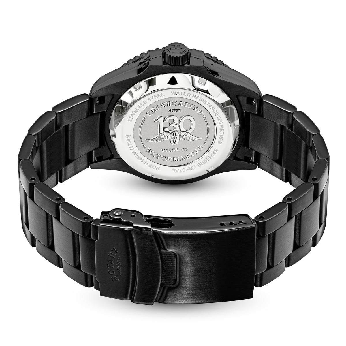 The back view of a black stainless steel Rotary Seamatic watch with a matching black metal link bracelet, featuring a brushed silver case back with the winged Rotary logo, on a white background.