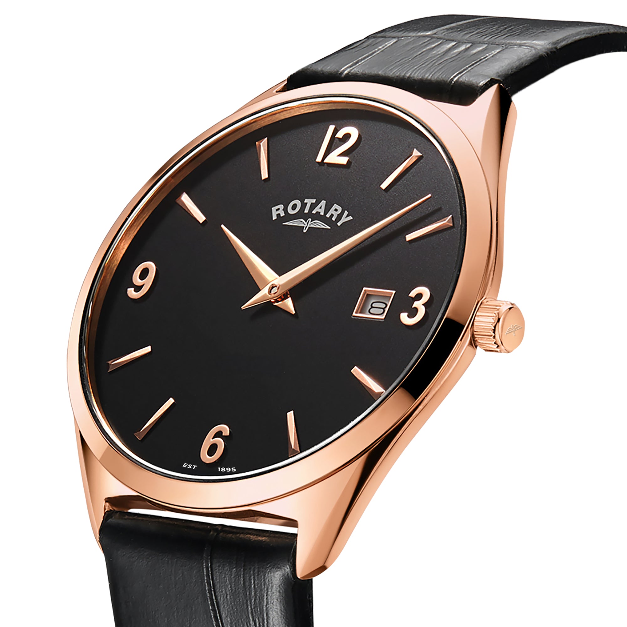 Rotary watch with black dial and rose gold case on a white background