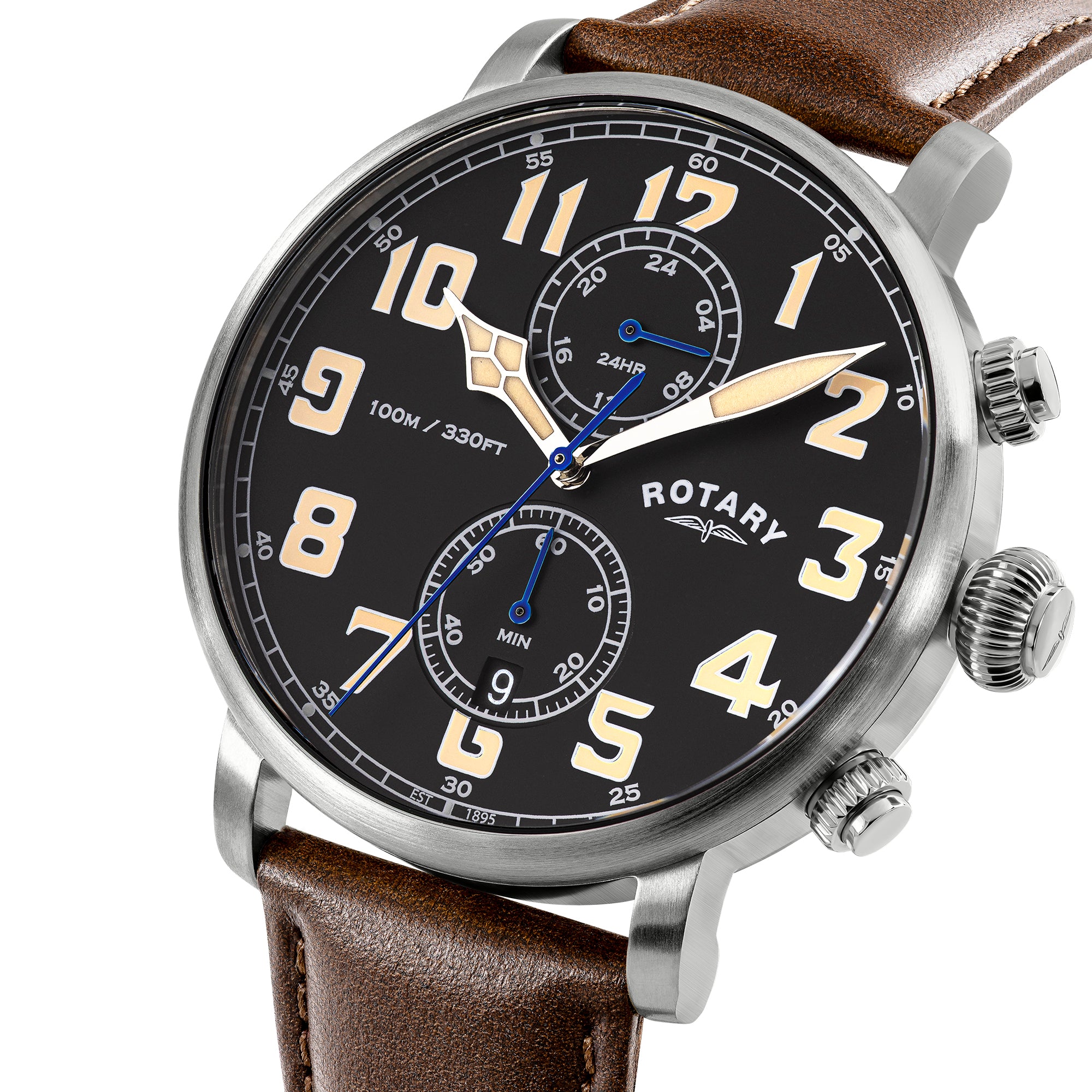 Rotary Apex100 Pilot watch with black dial, gold hour markers, and brown leather strap on a white background