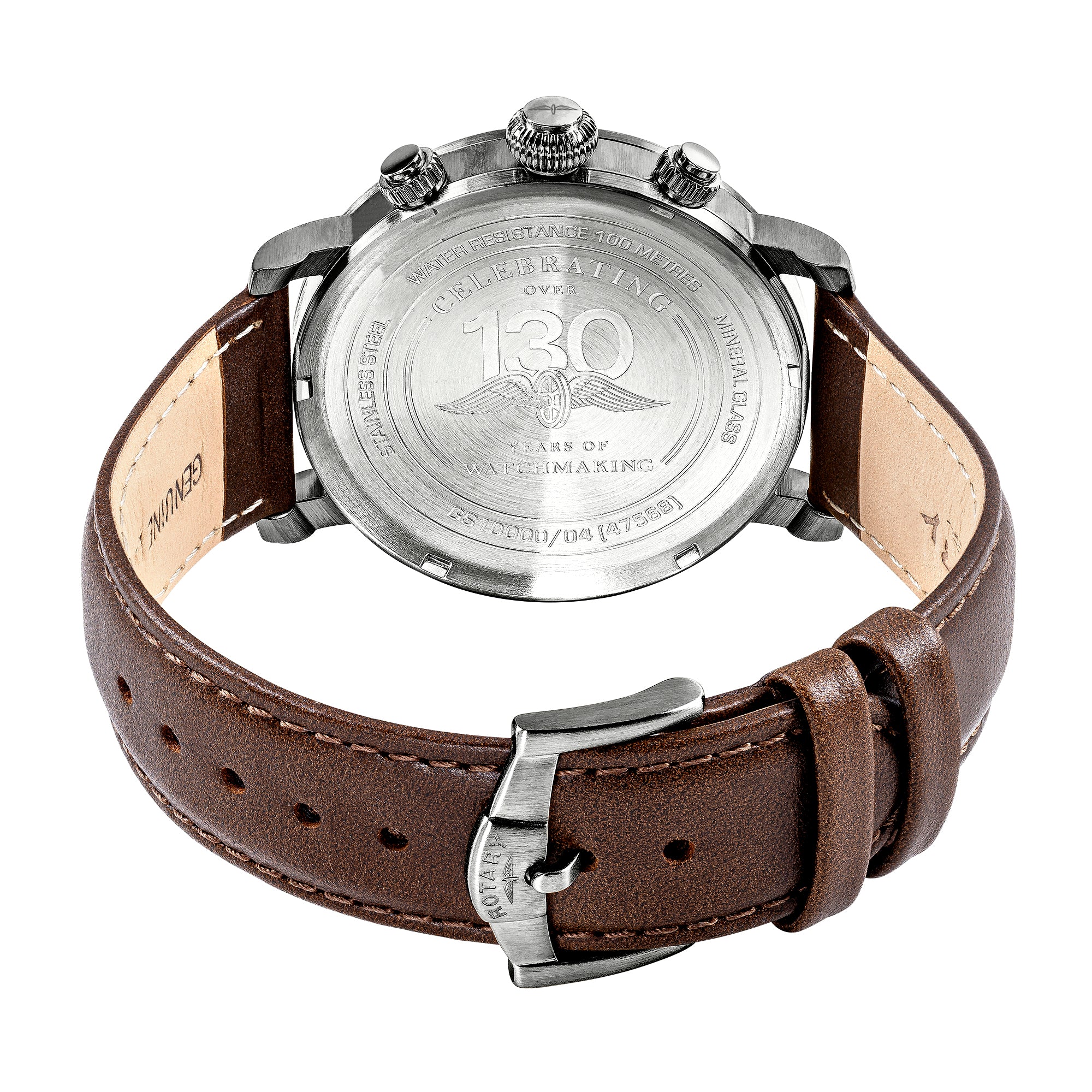 Rotary Apex100 Pilot Watch with brown leather strap and silver case on a white background