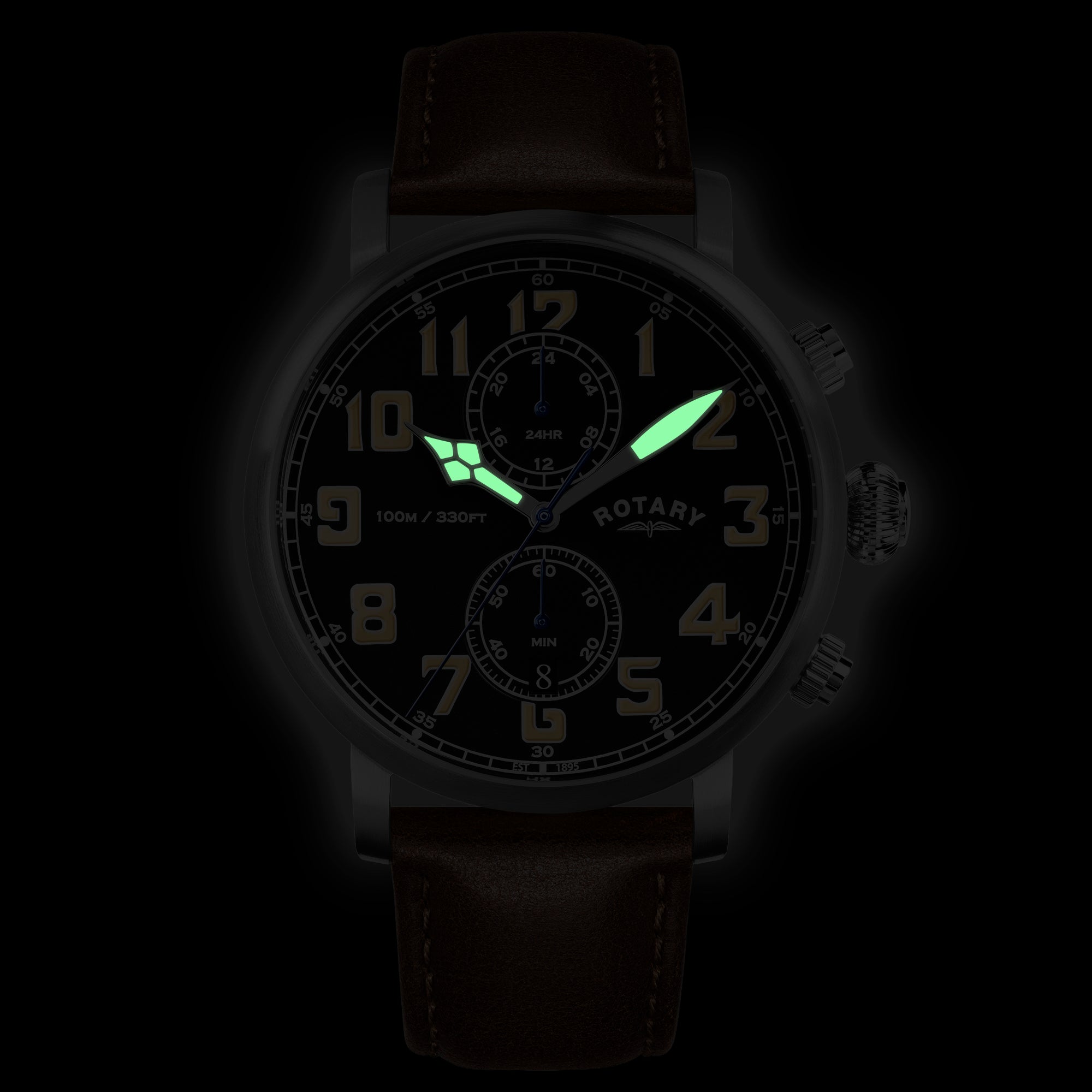 Rotary Watch with a black dial and brown leather strap, with luminous hands.