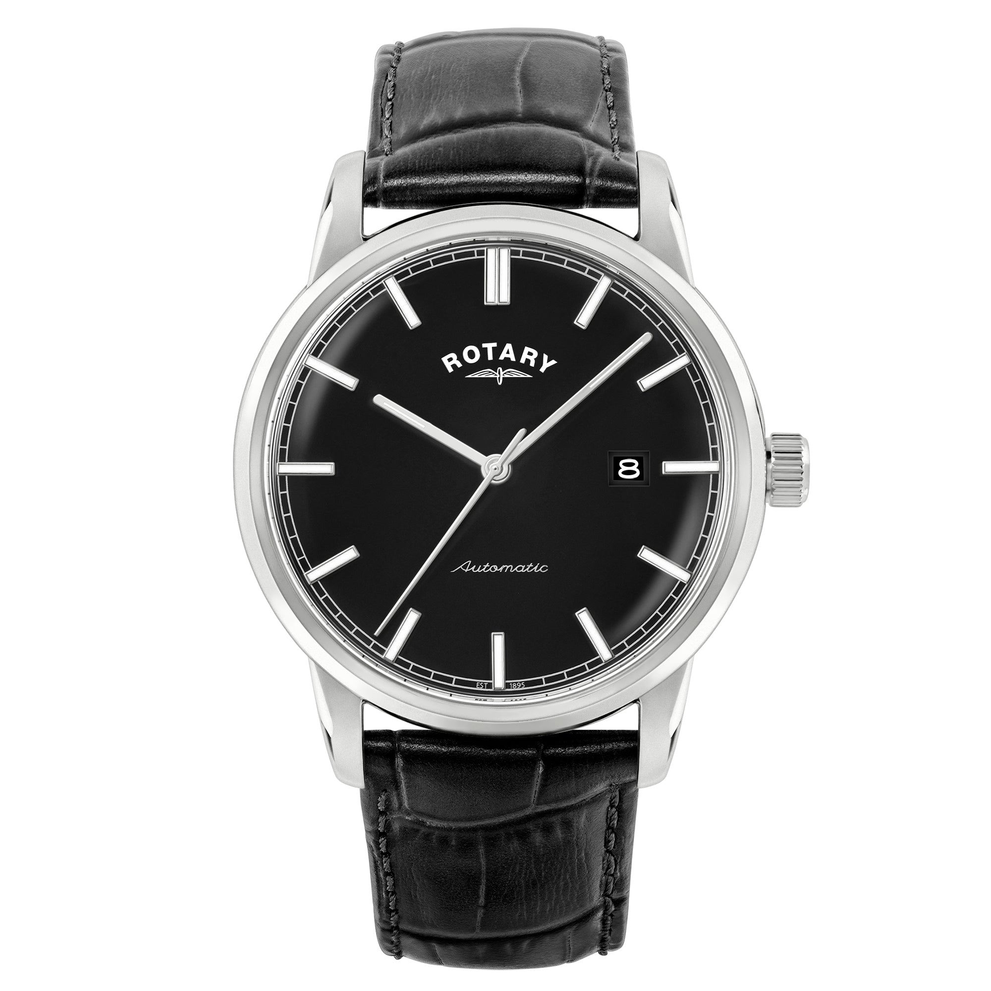 men's Rotary Automatic watch with black face and leather strap on a white background