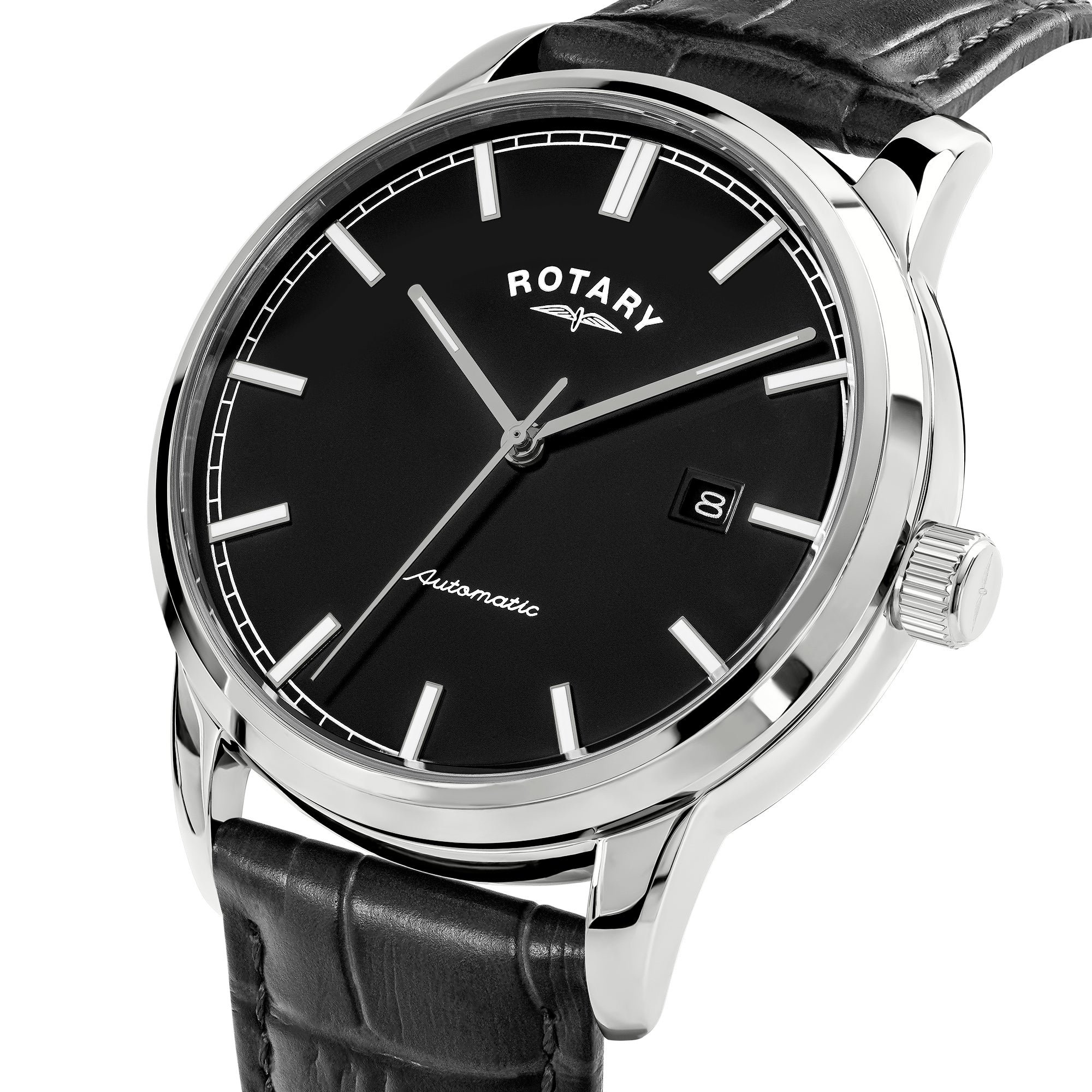 Rotary Automatic watch with black face and leather strap on a white background