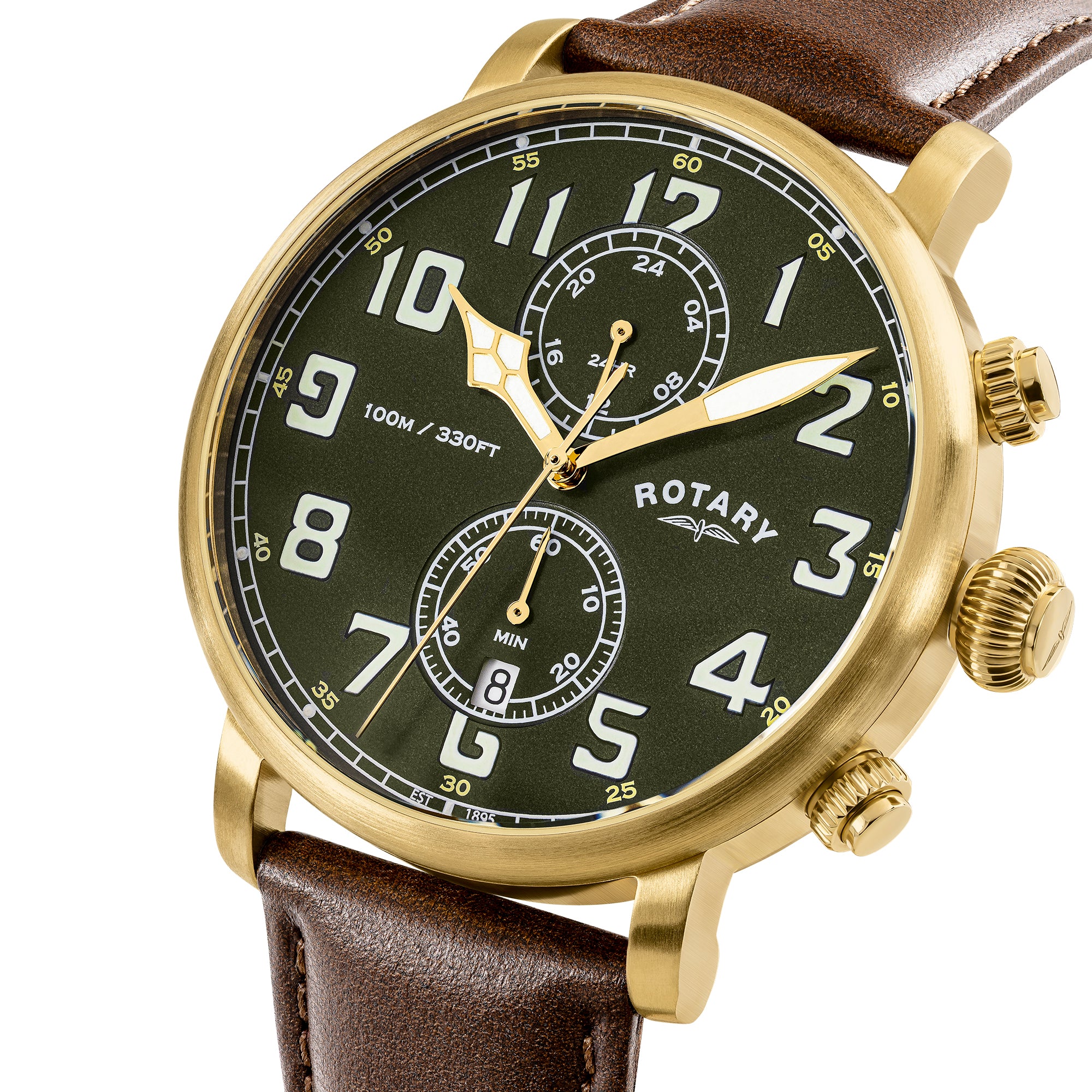 Rotary Apex100 Watch with gold case and brown leather strap on a white background