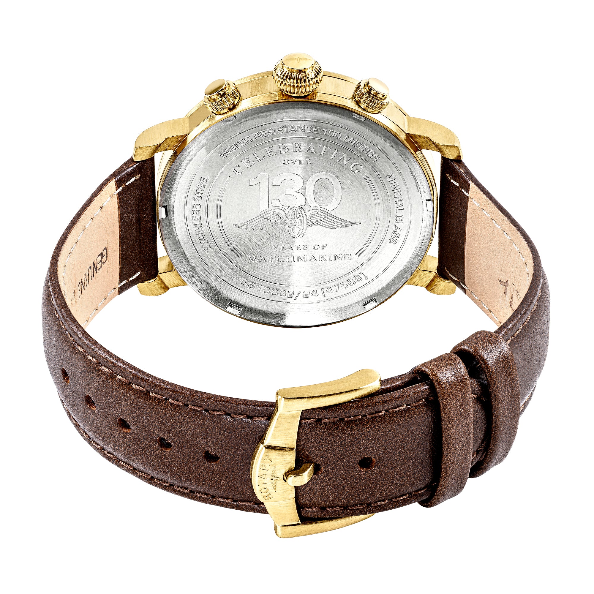 Rotary Apex100 Pilot Watch with brown leather strap and gold casing on a white background