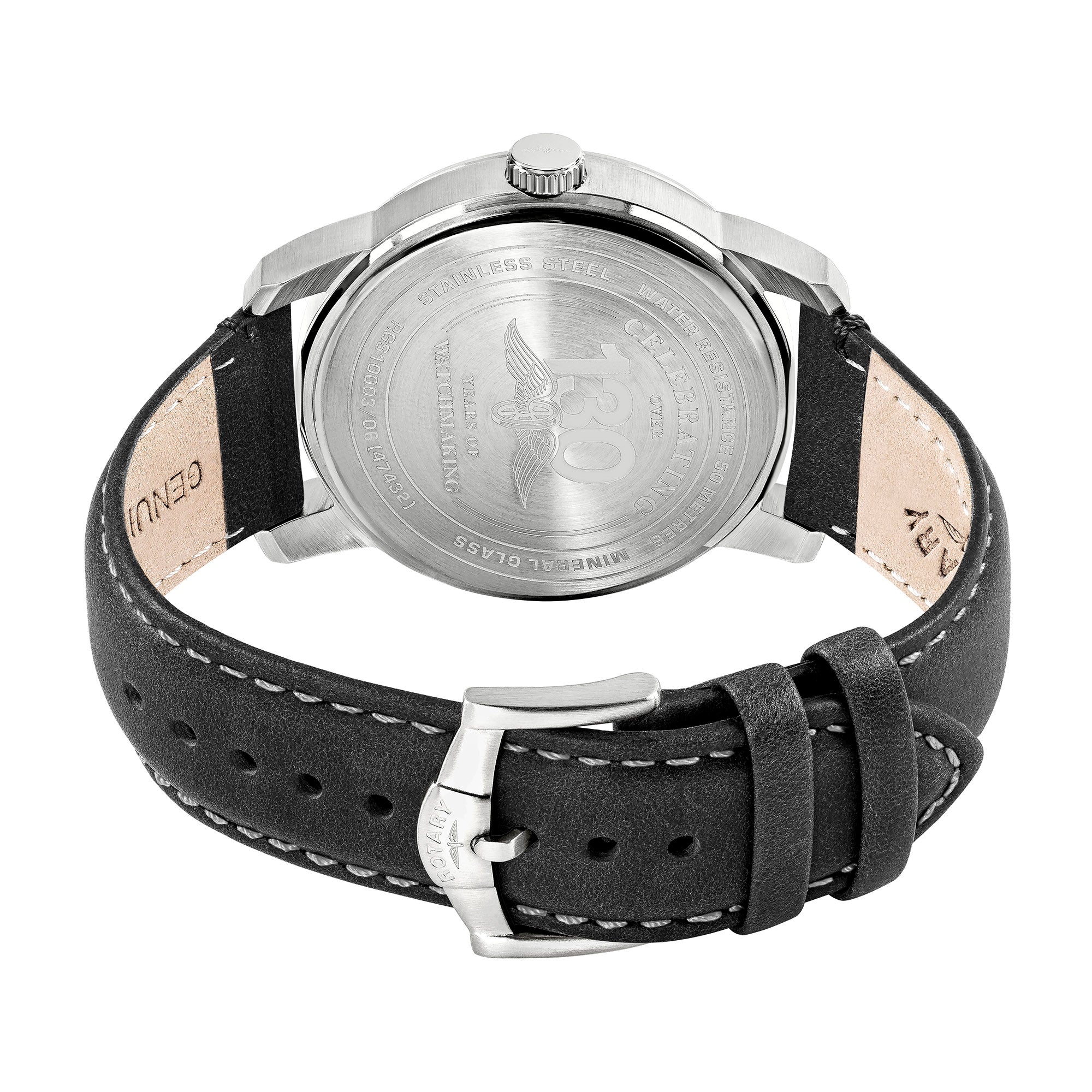 Rotary Watch with black leather strap and silver case on a white background
