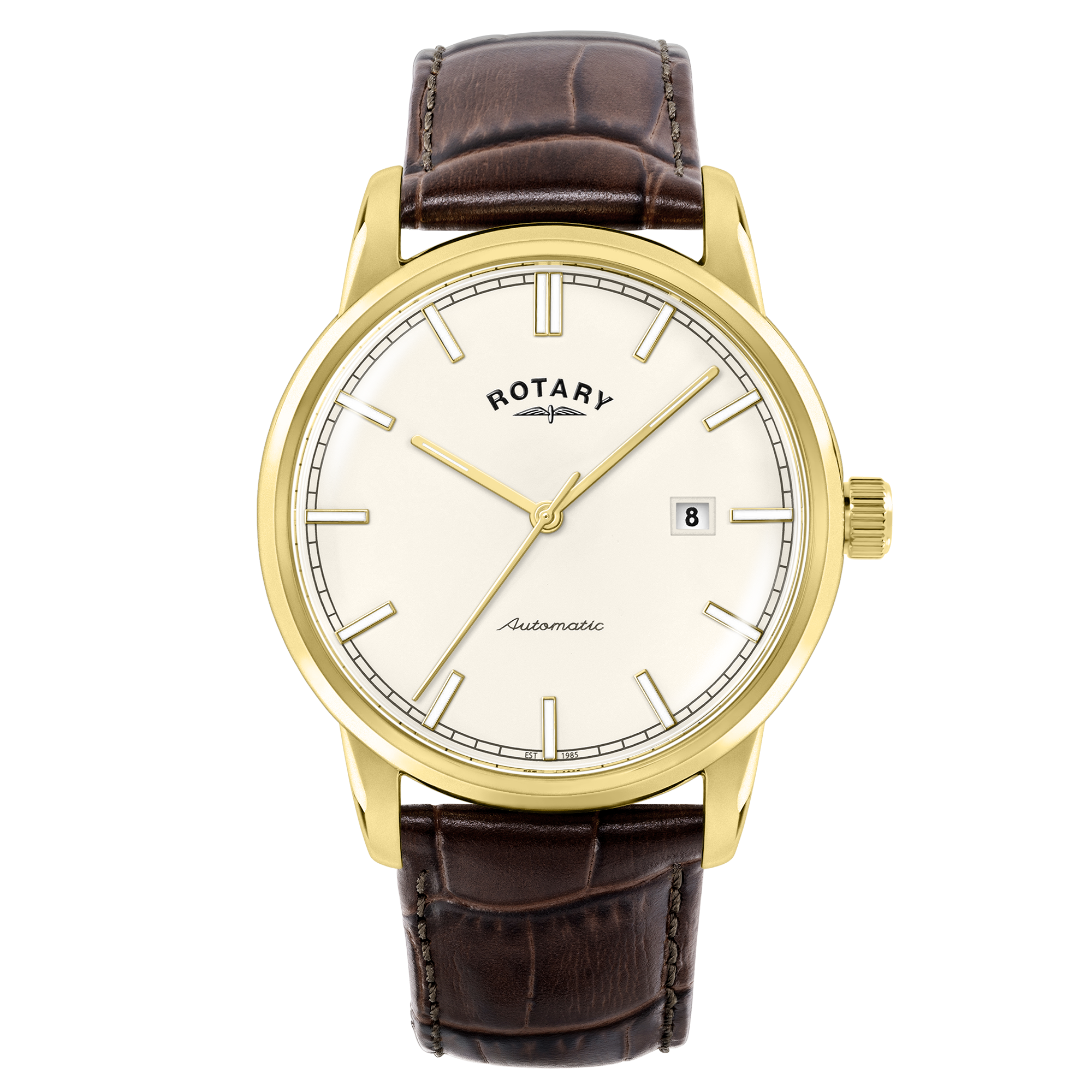 Rotary Heritage Automatic watch with gold case and brown leather strap on a white background