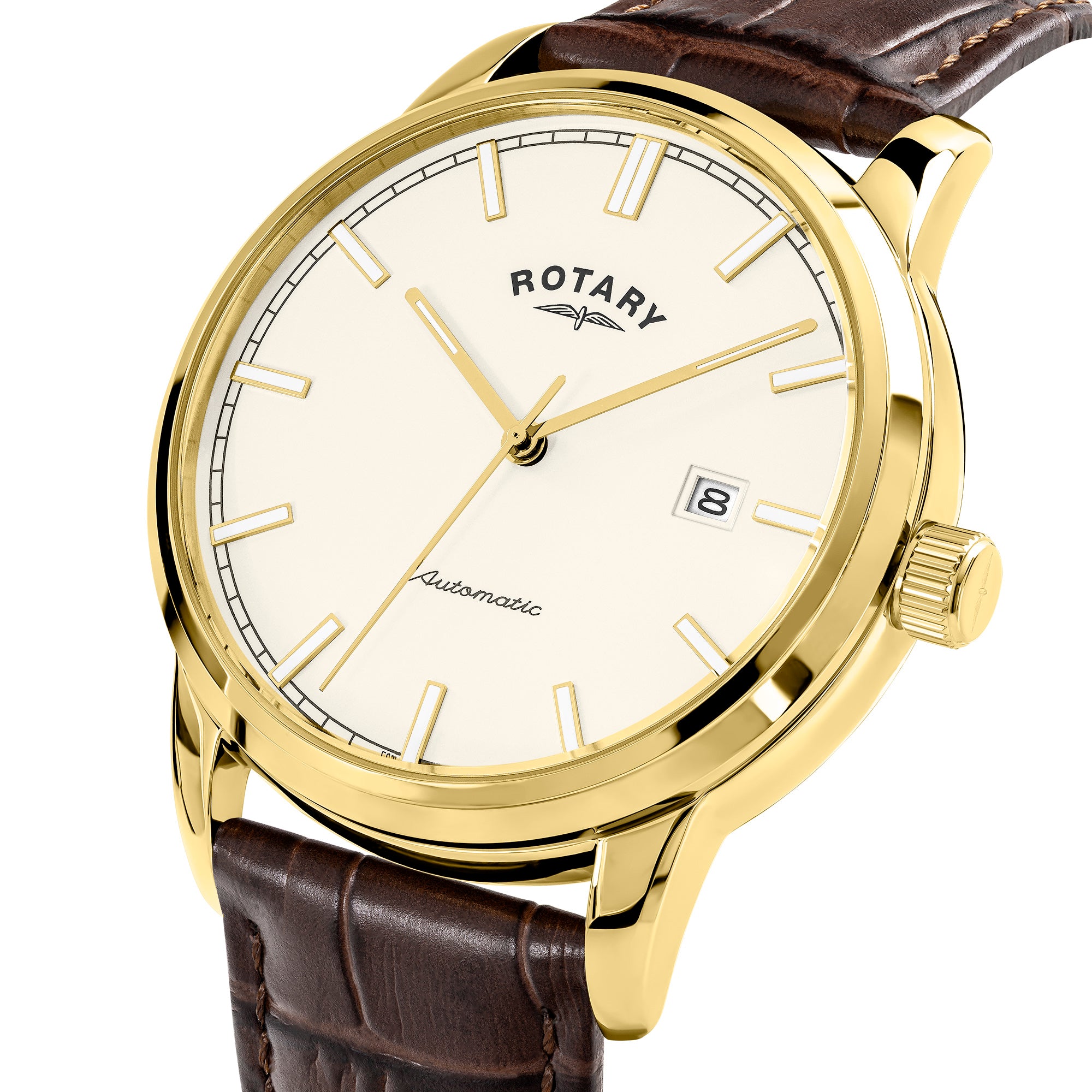 Gold Rotary wristwatch with a brown leather strap on a white background