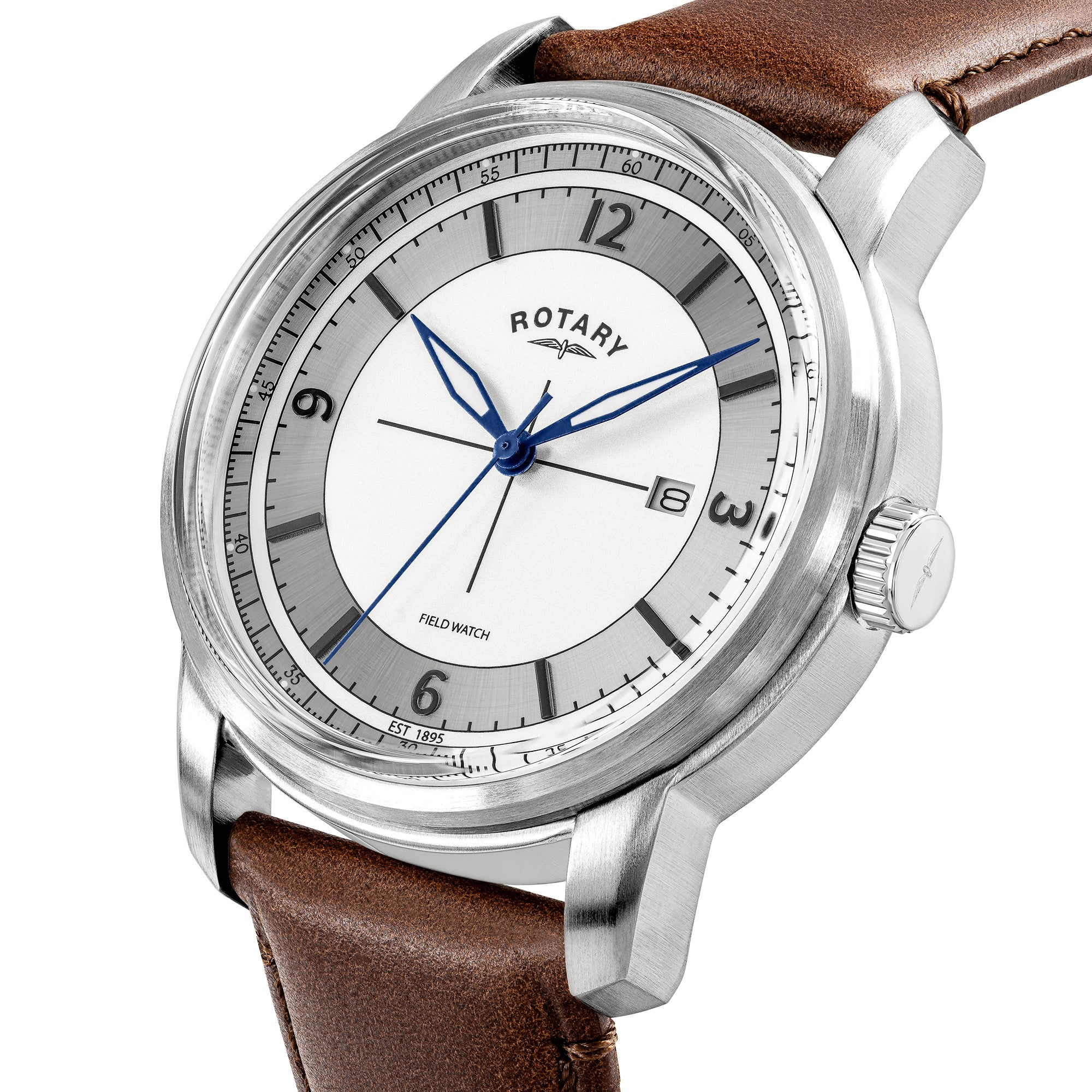 Rotary Field watch with brown leather strap and silver case on a white background