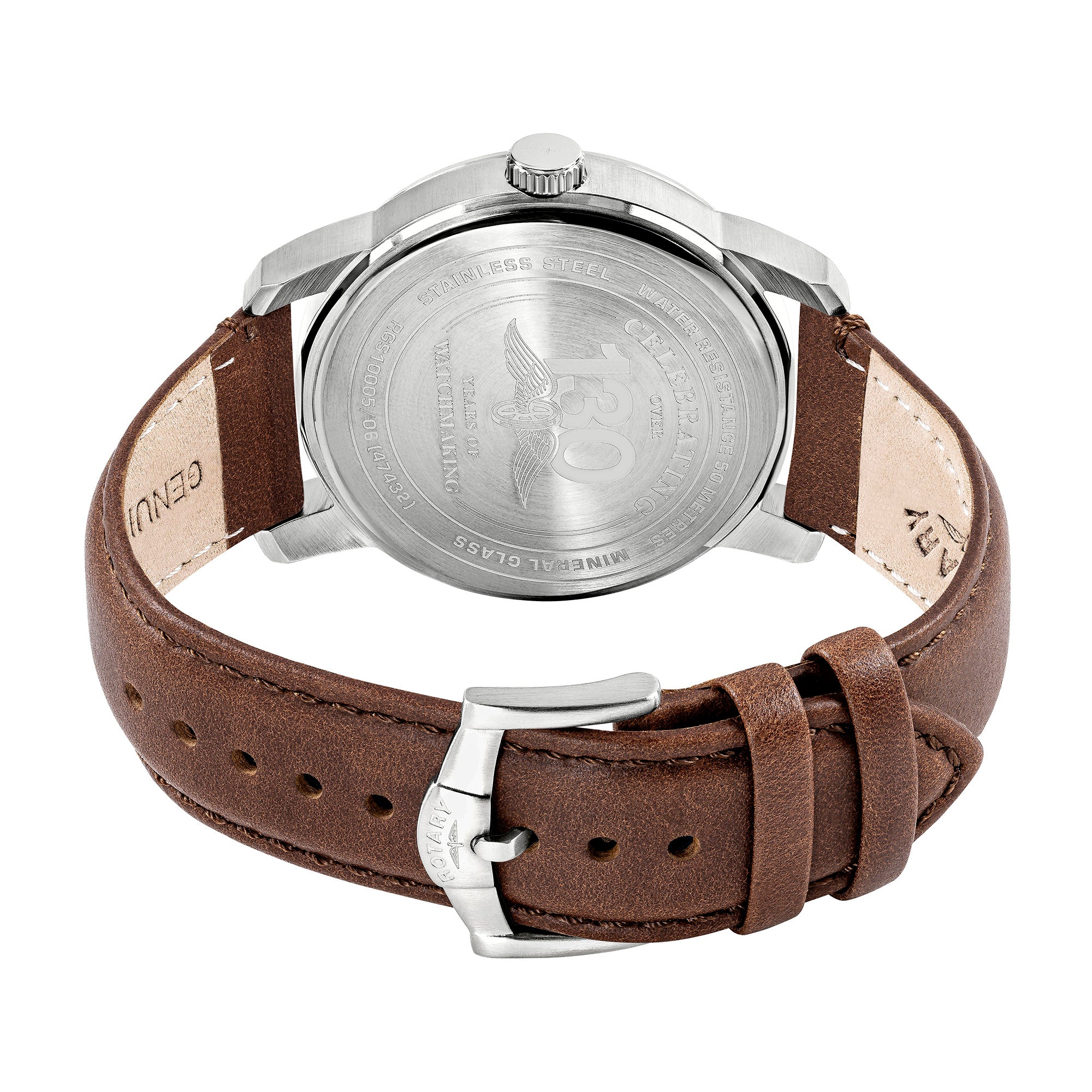 Rotary Watch with a brown leather strap and silver case on a white background
