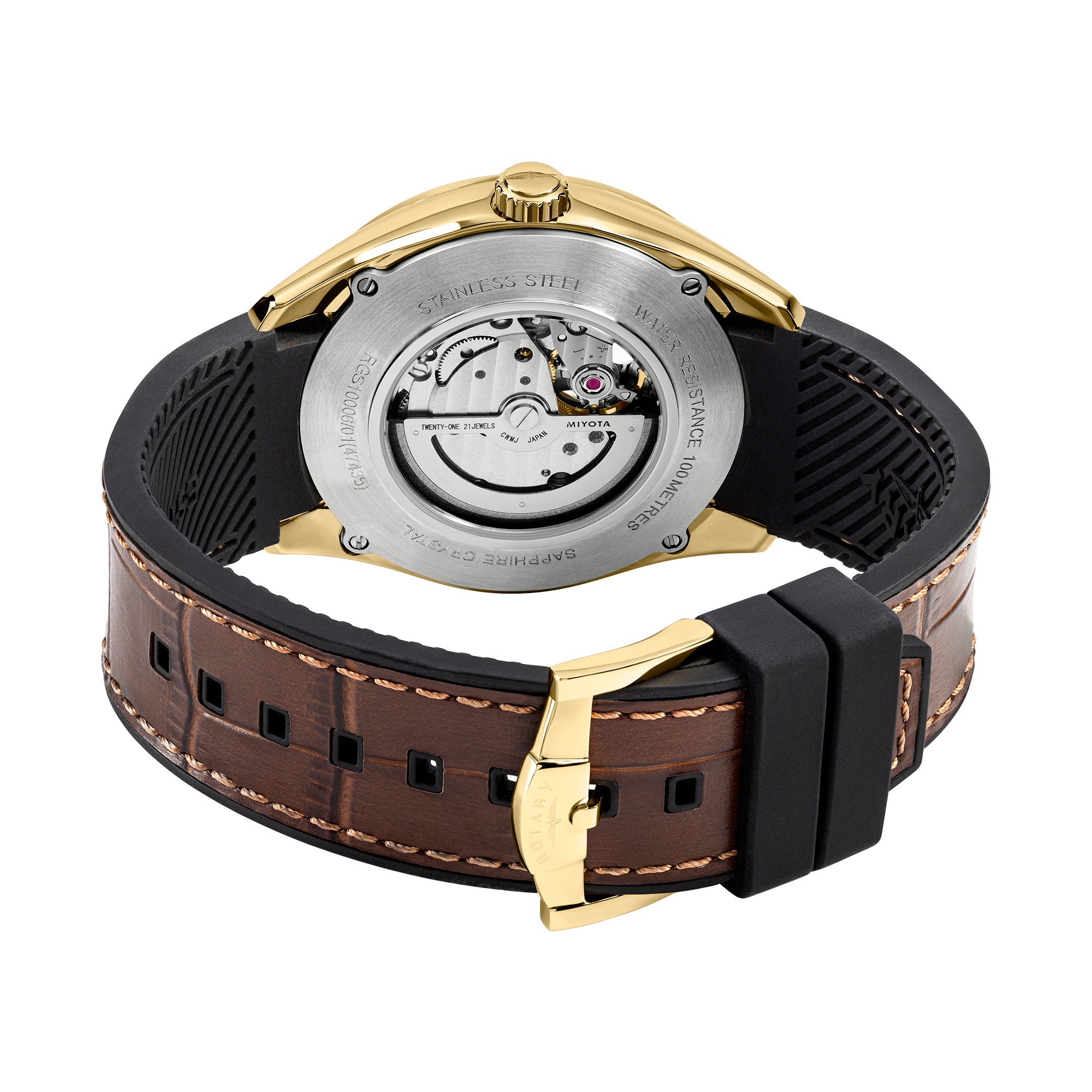 Watch with brown leather strap and gold accents on a white background