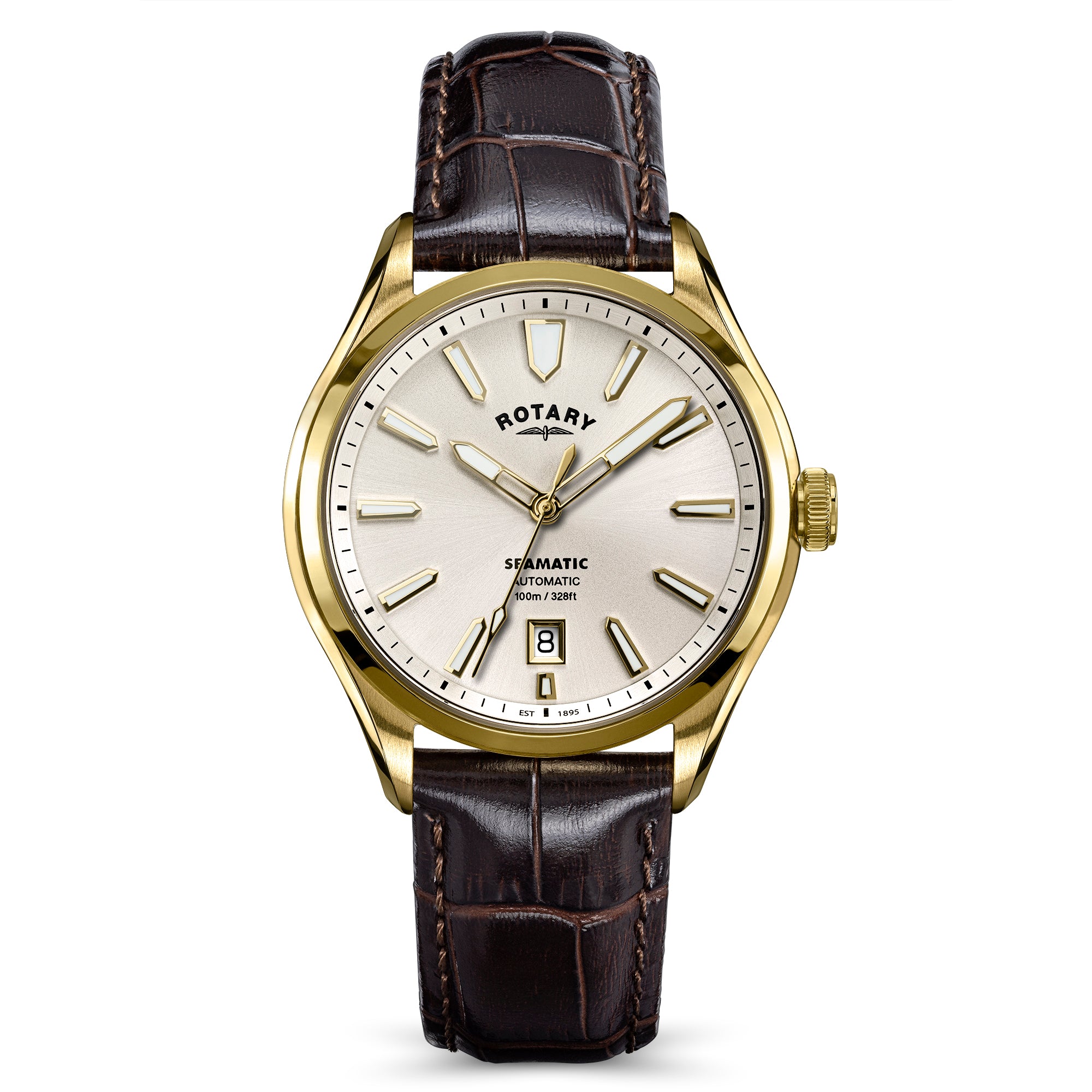 Rotary Seamatic 100 watch with brown leather strap and gold casing on a white background