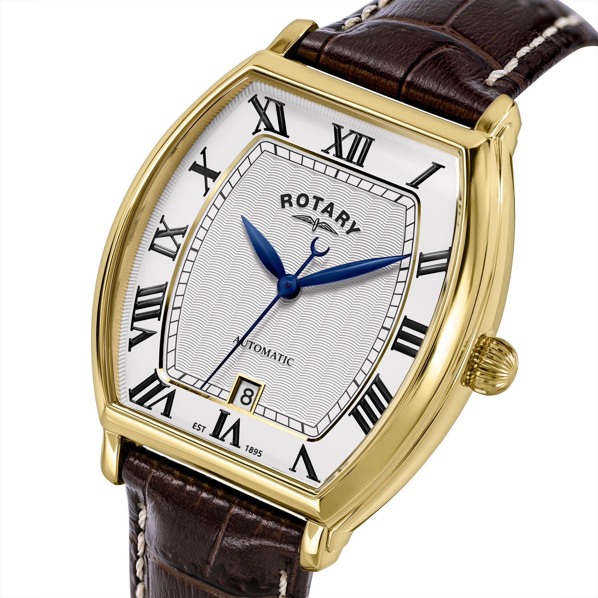 rotary 1895 automatic tonneau watch with gold case, brown leather strap, and white face with Roman numerals on a white background.