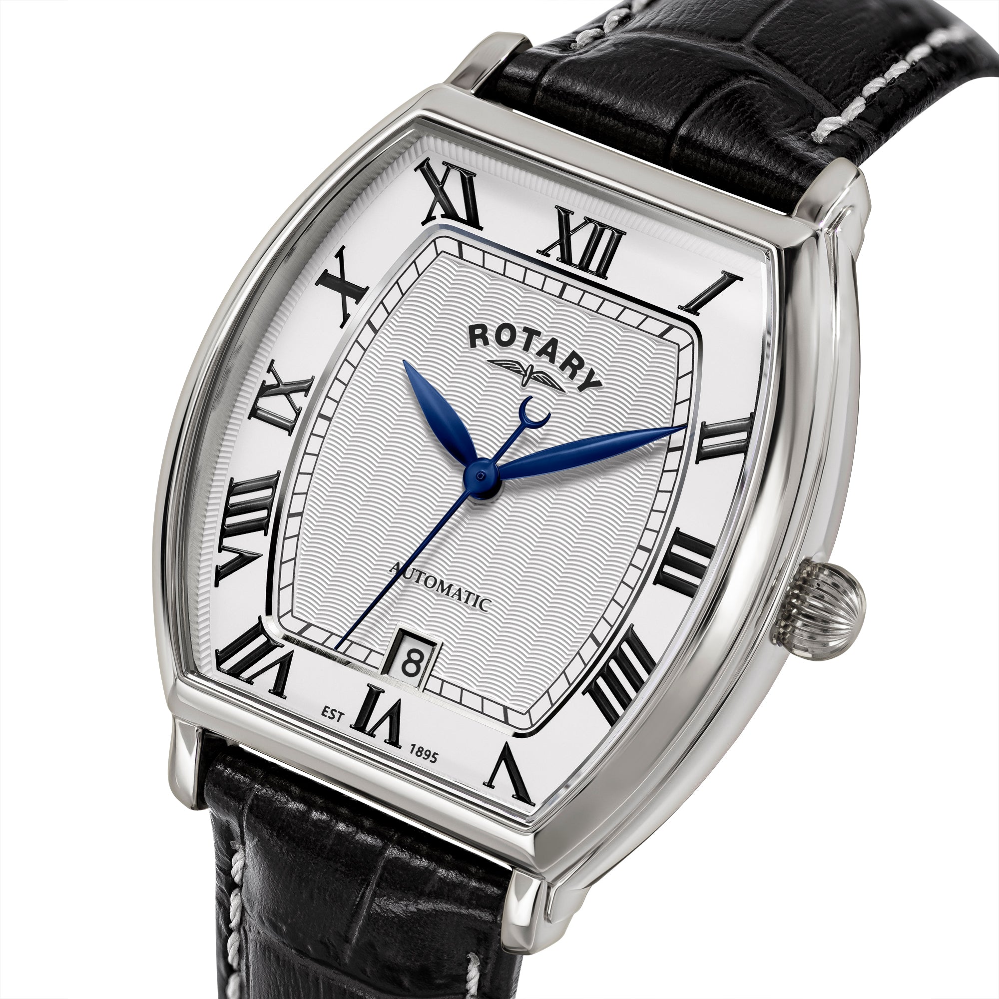 Rotary 1895 Tonneau watch with black leather strap and white face featuring Roman numerals.