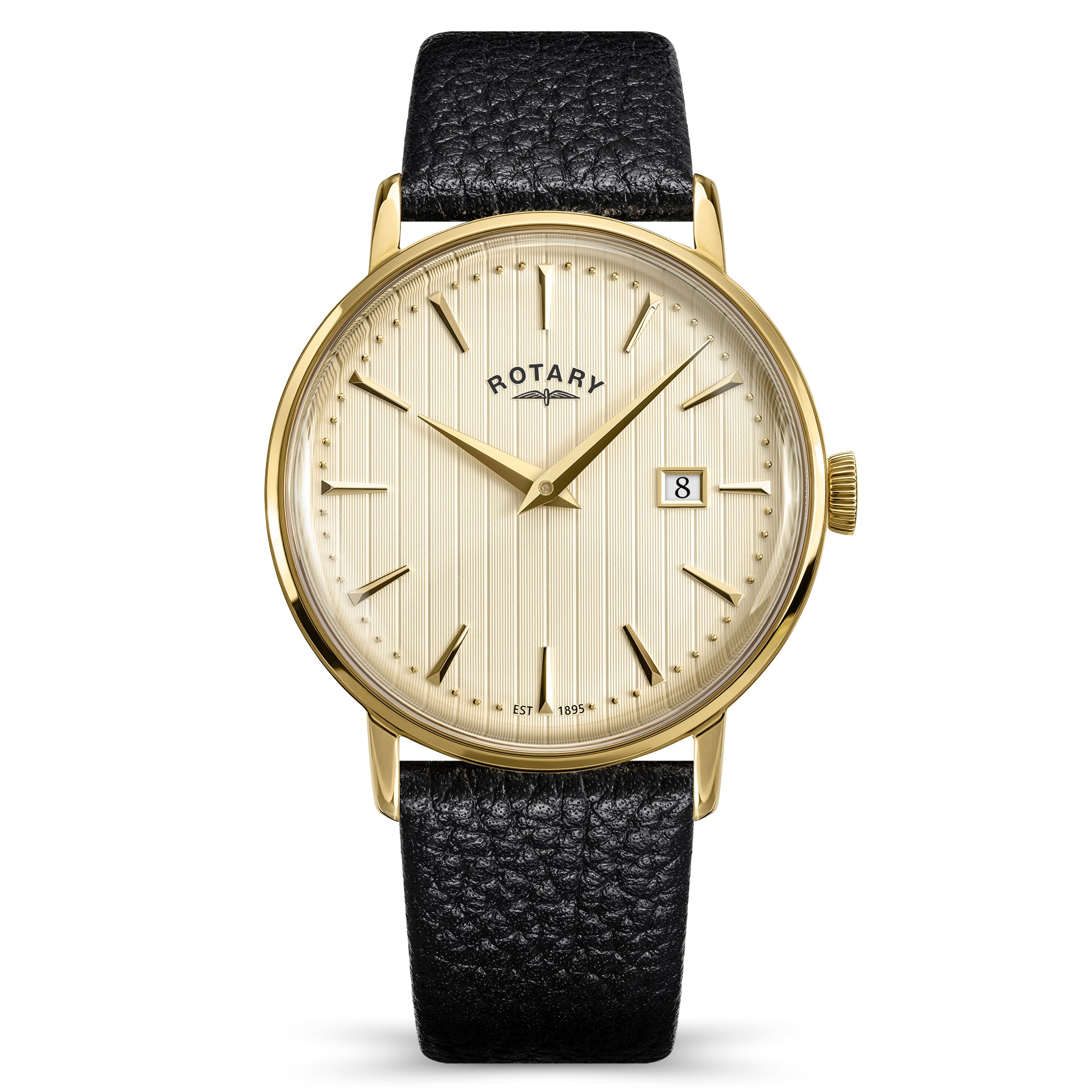 Rotary 1895 watch with black leather strap and cream face on a white background