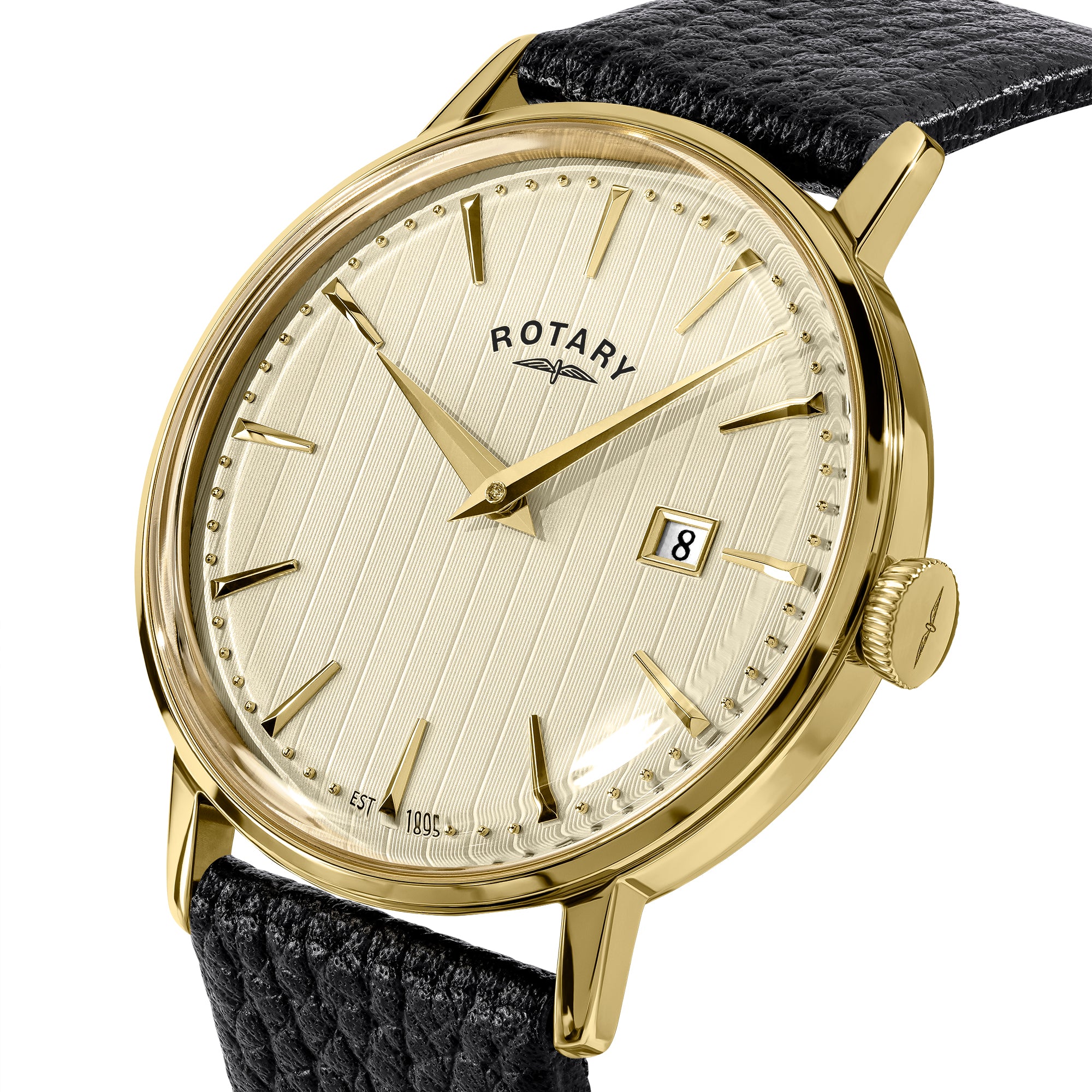 Gold Rotary Heritage wristwatch with black strap on a white background