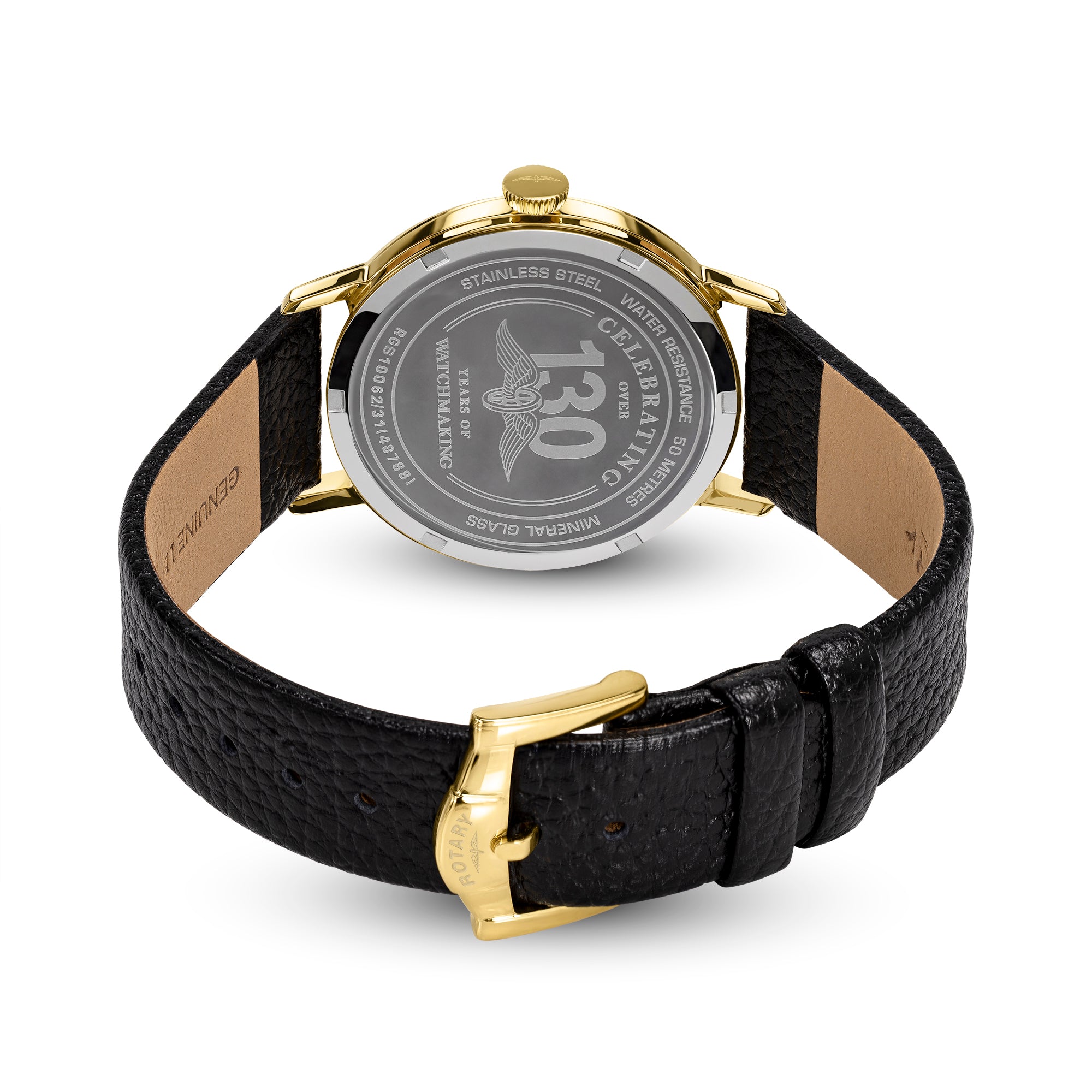 Rotary 1895 watch with black leather strap and gold accents on a white background