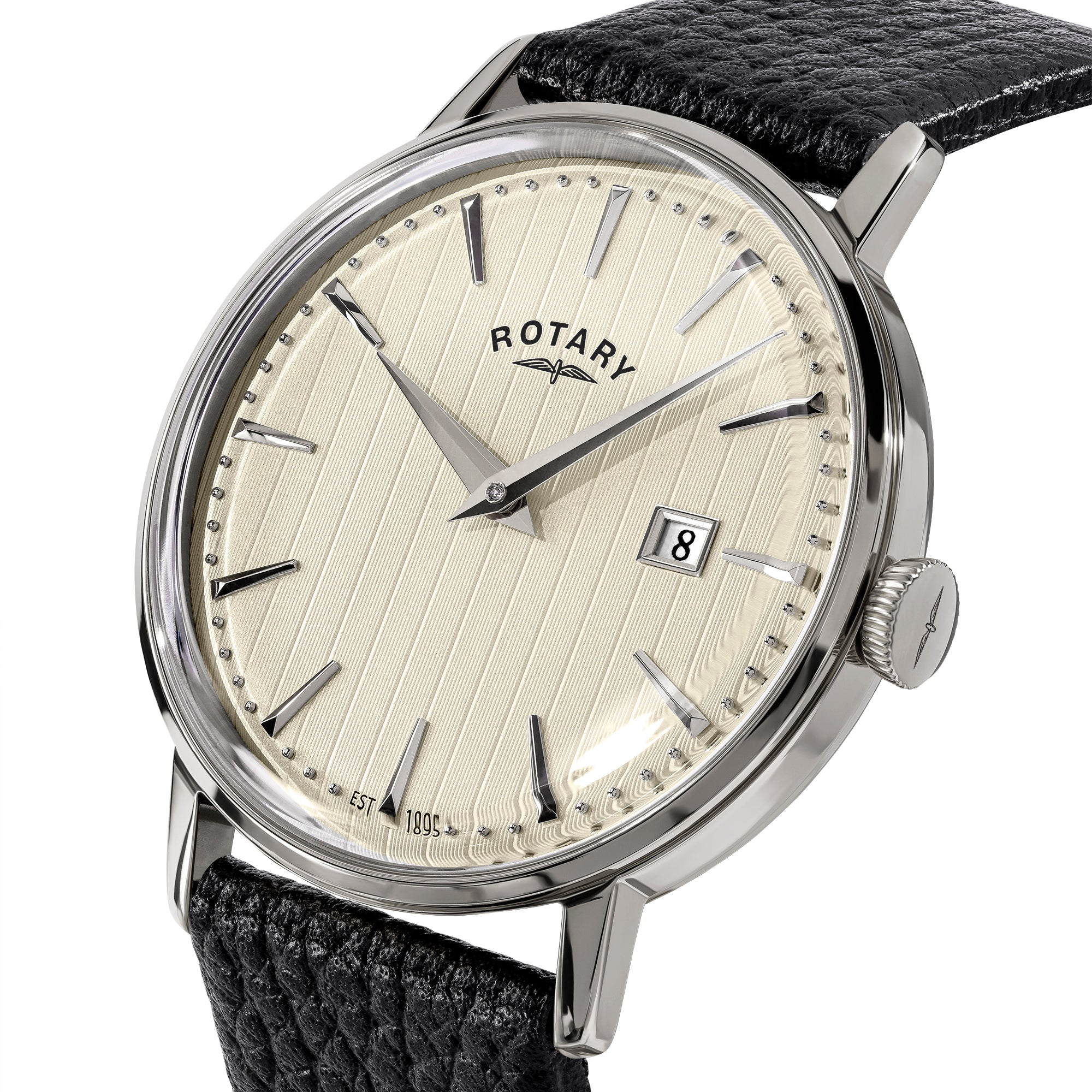 Rotary 1895 watch with black leather strap and beige dial on a white background