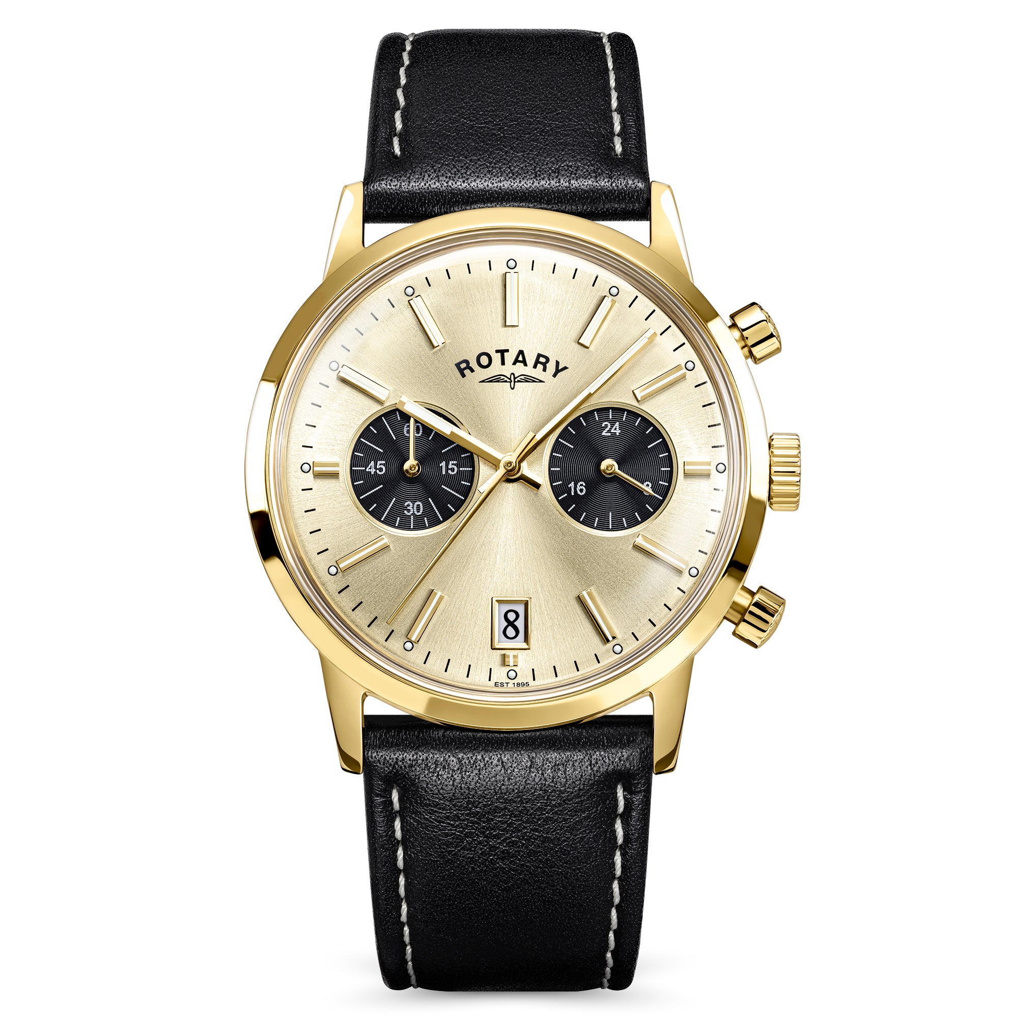 Gold Rotary 1895 Chronograph wristwatch with black leather strap on a white background