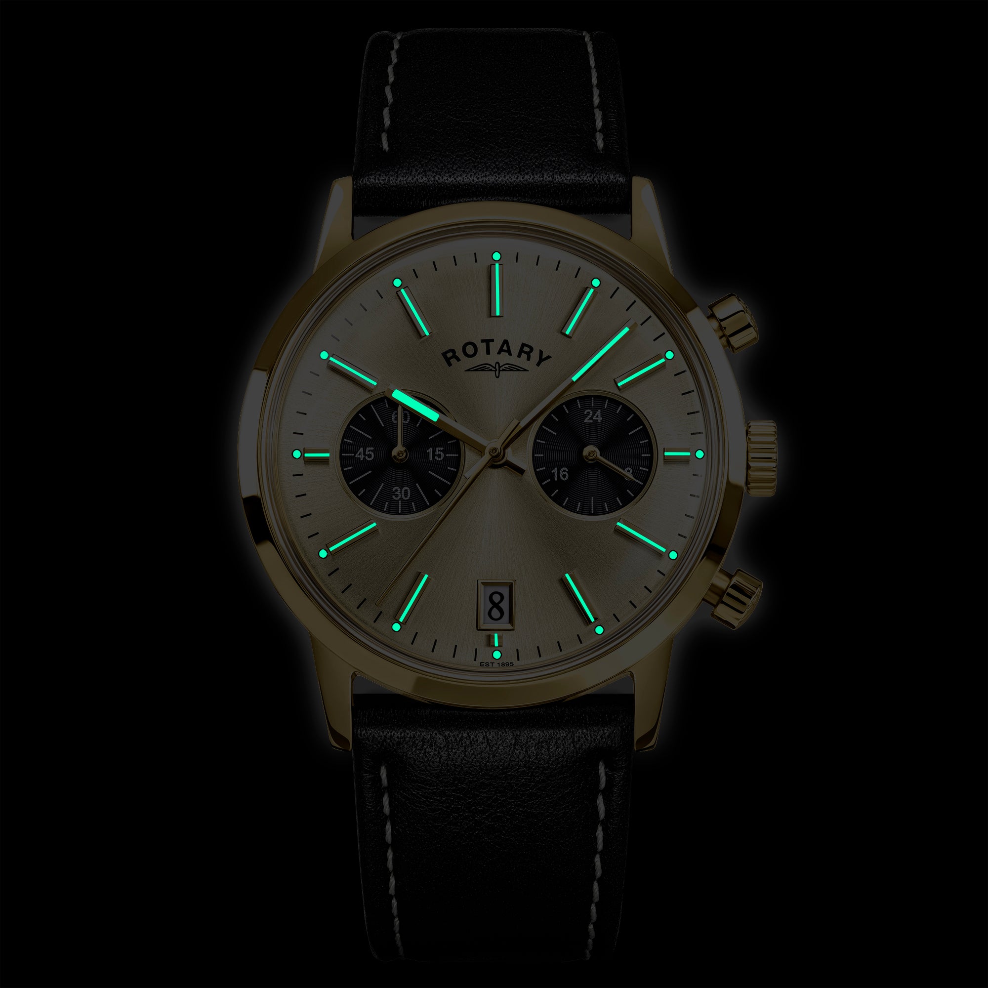 Rotary 1895 Chronograph watch with black leather strap and glowing green faces on a dark background