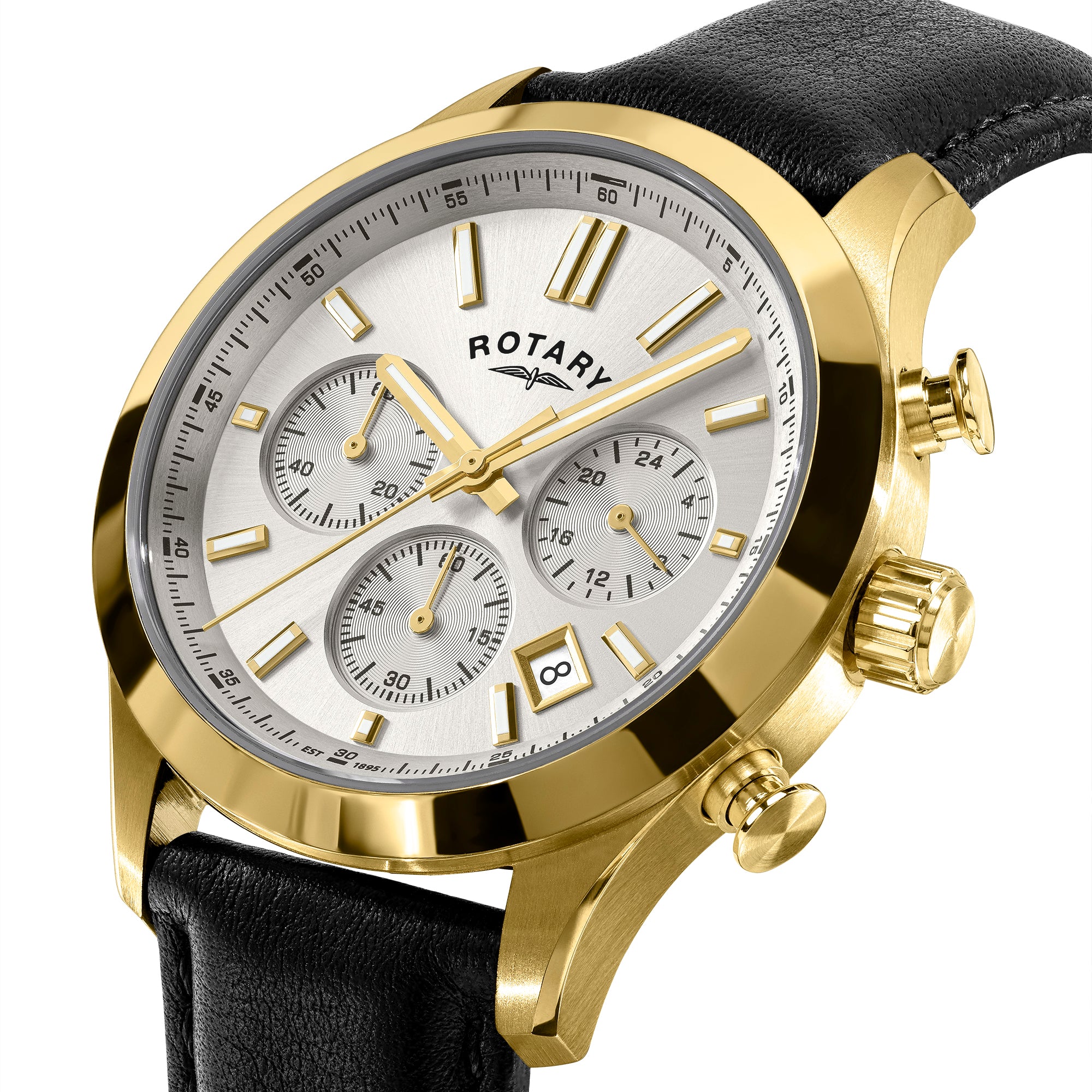 Gold Rotary Heritage Chronograph wristwatch with a black strap on a white background