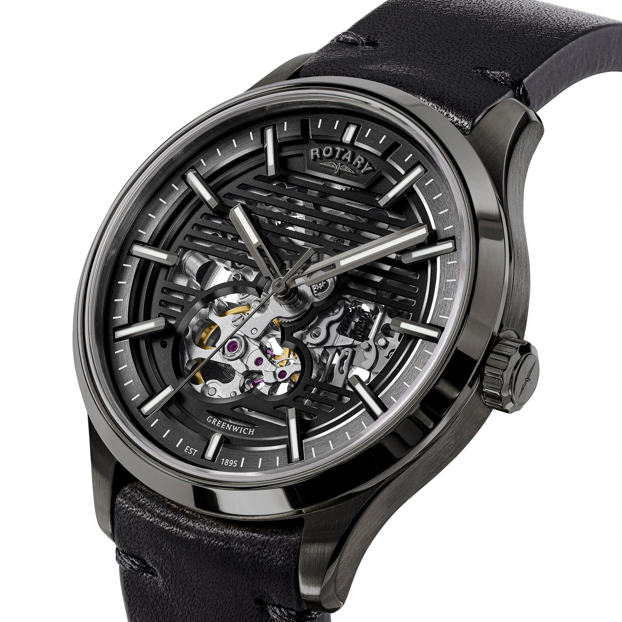 Black Rotary Greenwich GT1 watch with visible mechanical components on a white background