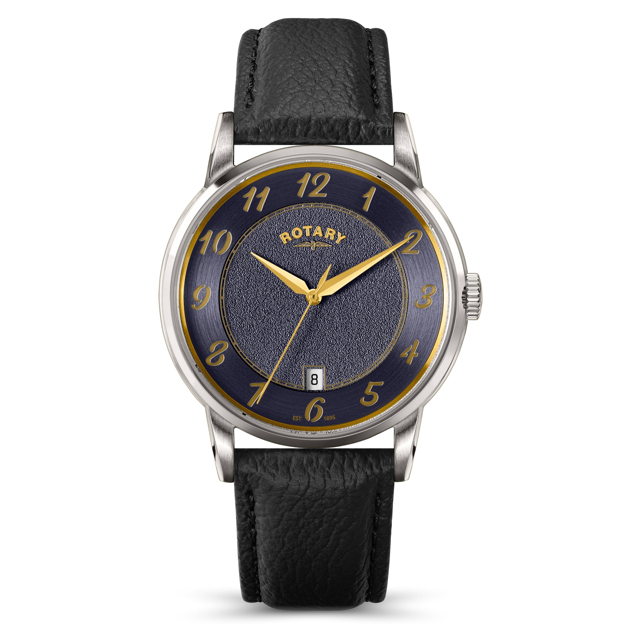 Rotary men's watch with black leather strap and blue dial on a white background
