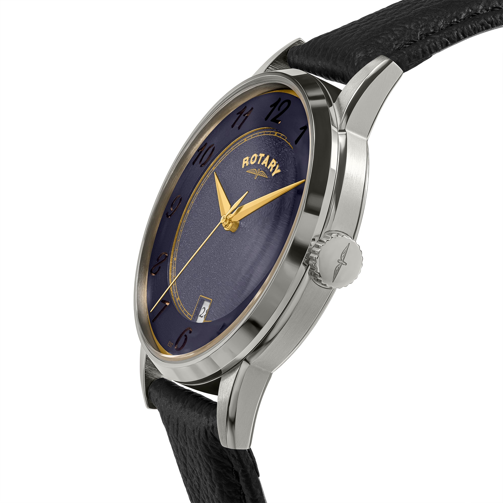 Rotary Heritage wristwatch with black strap and silver case on a white background
