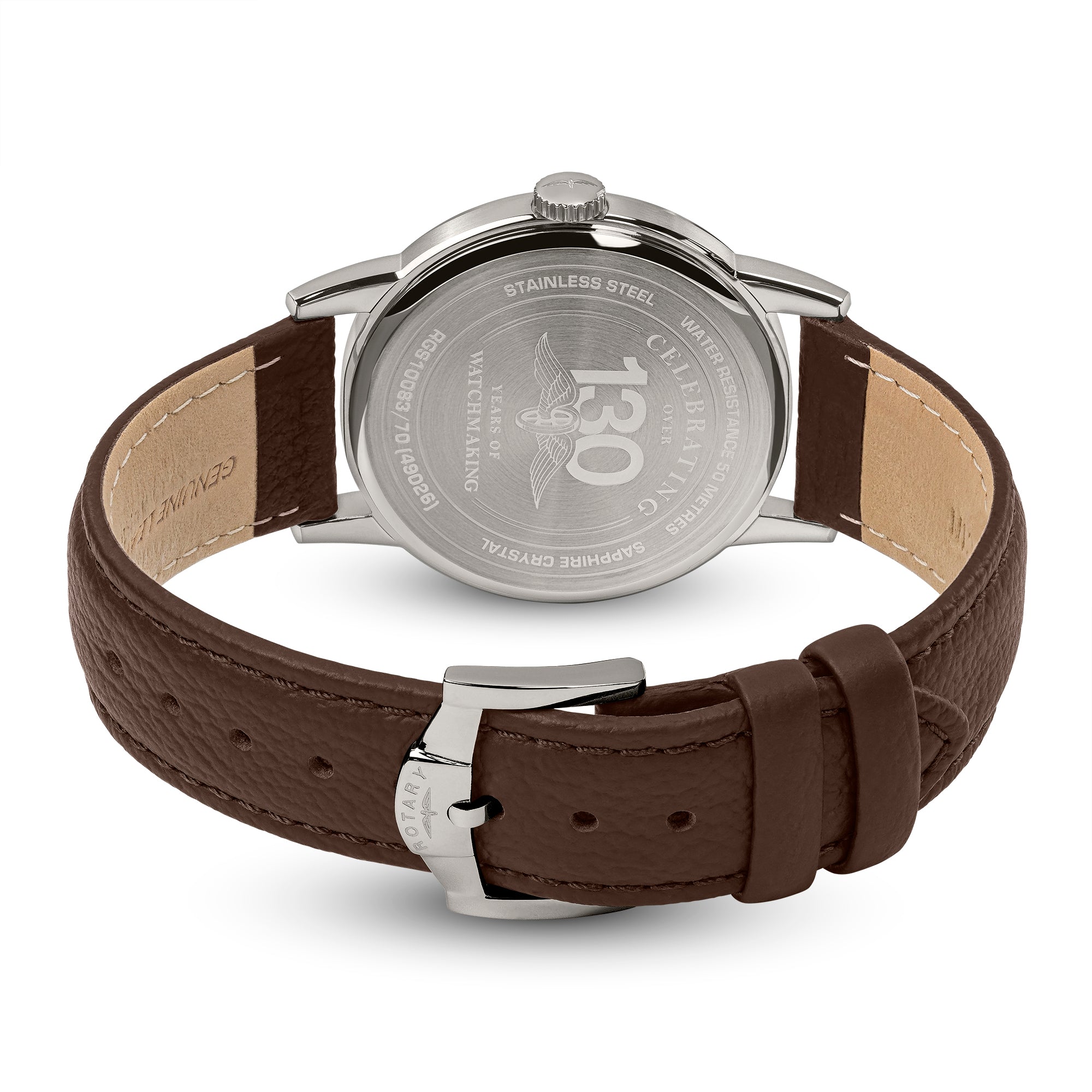 Rotary men's watch with brown leather strap and silver case on a white background