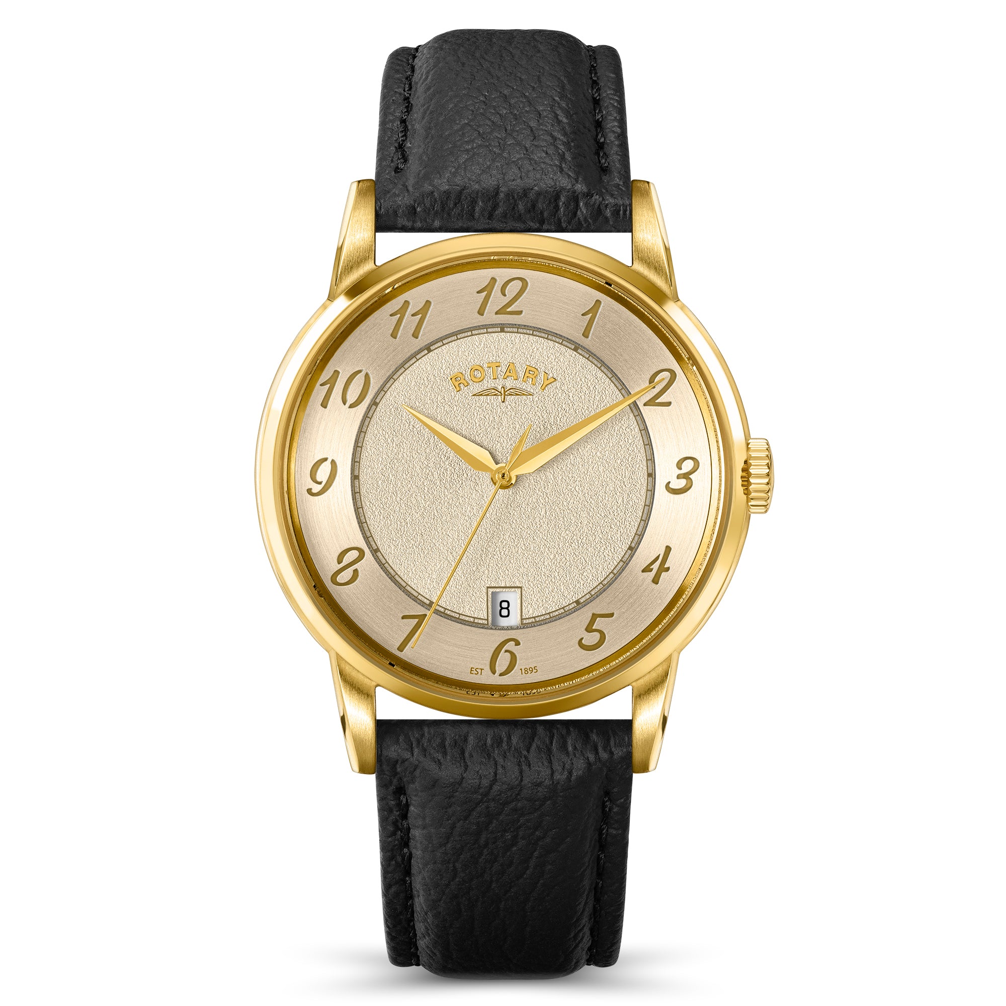 Gold Rotary men's wristwatch with black leather strap on a white background