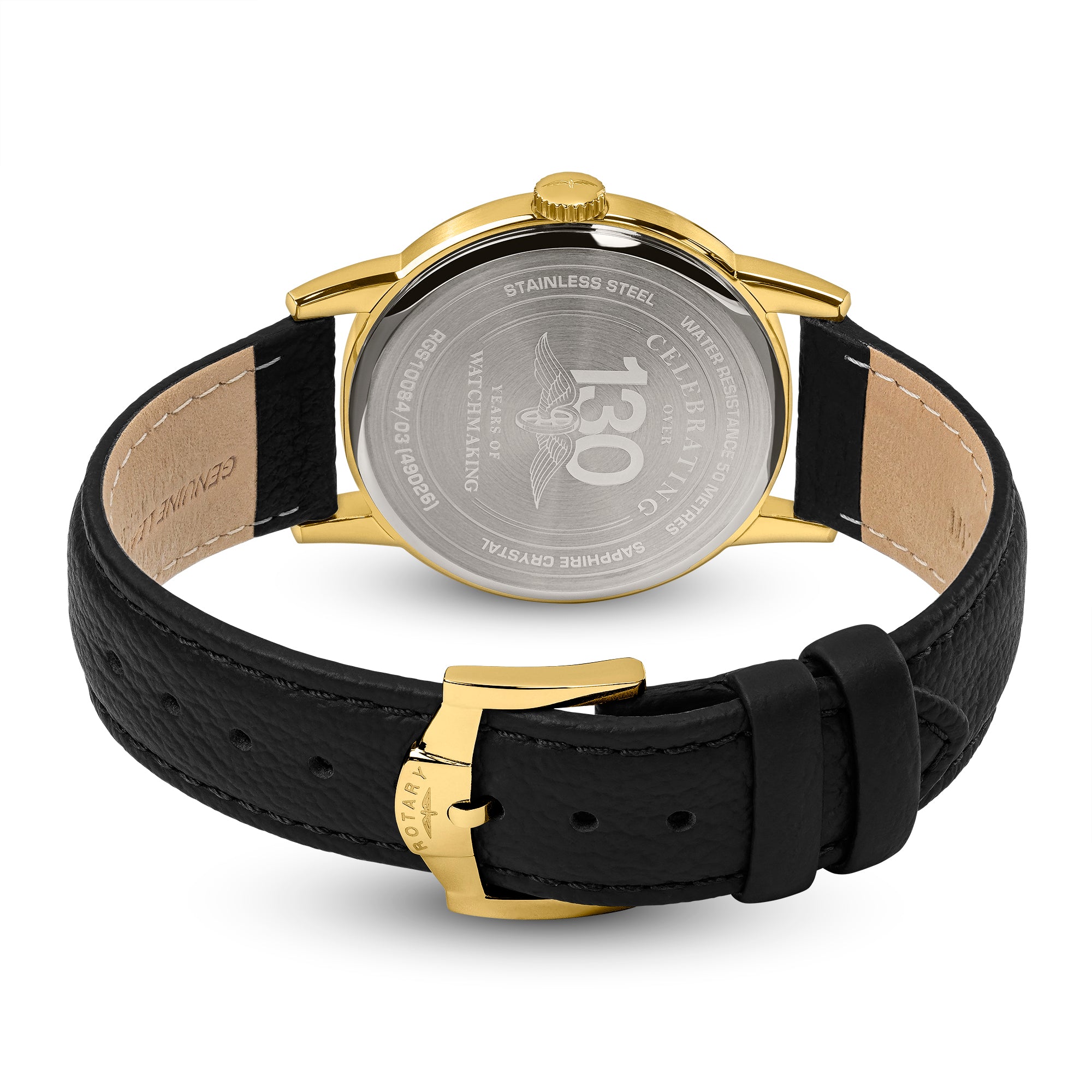 Gold Rotary men's watch with black leather strap and gold casing on a white background