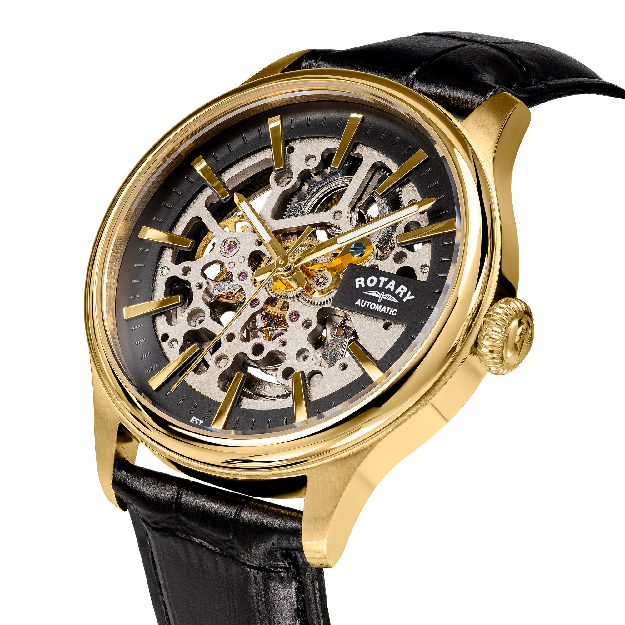 Gold gold skeleton wristwatch with black leather strap on a white background