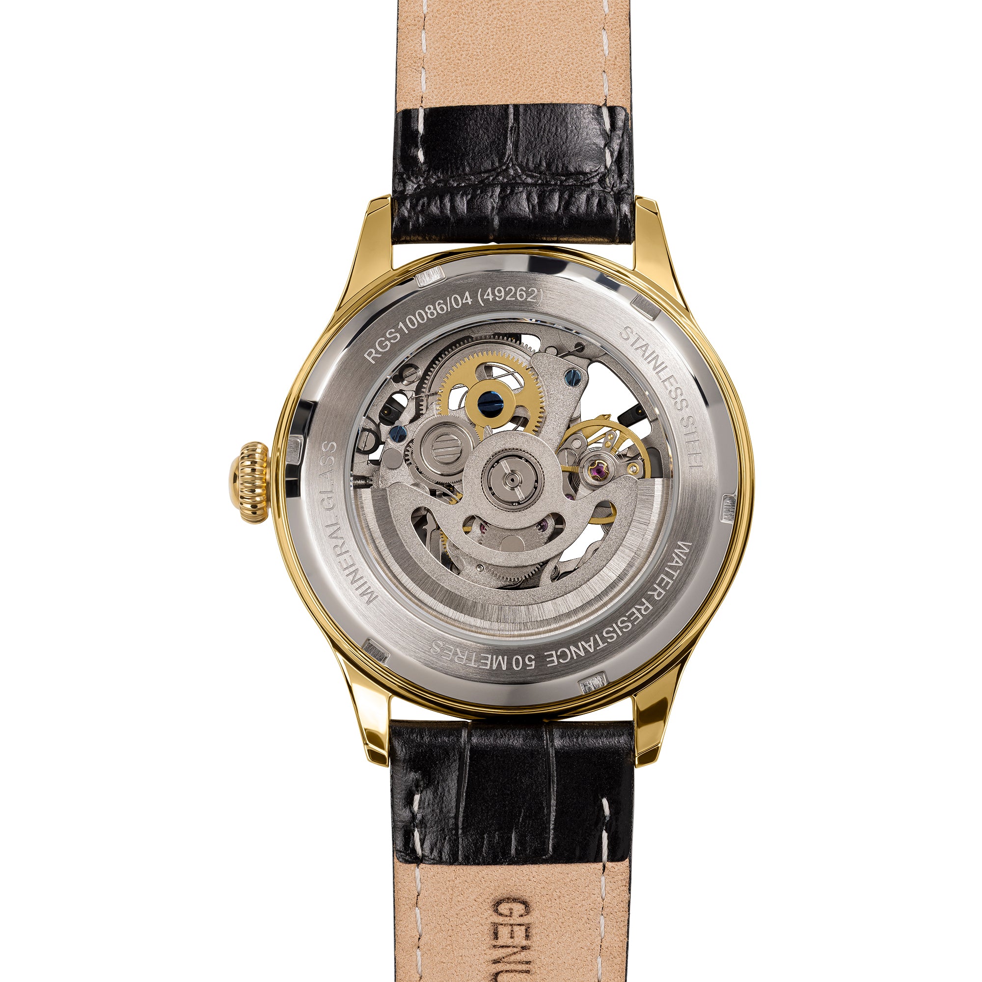 Rotary Skeleton watch with black strap and gold casing on a white background