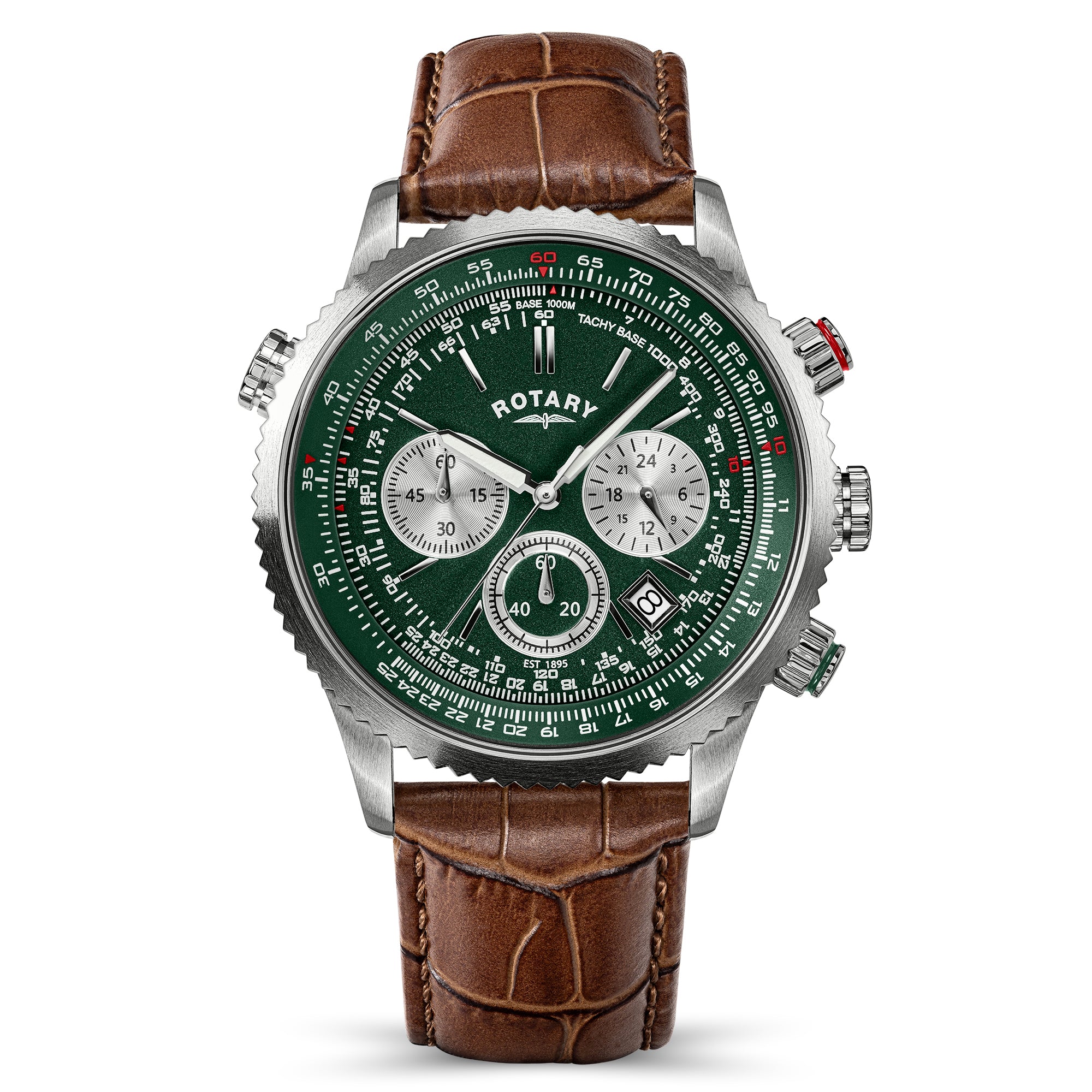A luxury Rotary Pilot Chronograph watch featuring a dark green dial, silver-tone stainless steel case, and a brown alligator leather strap, shown against a plain white background.